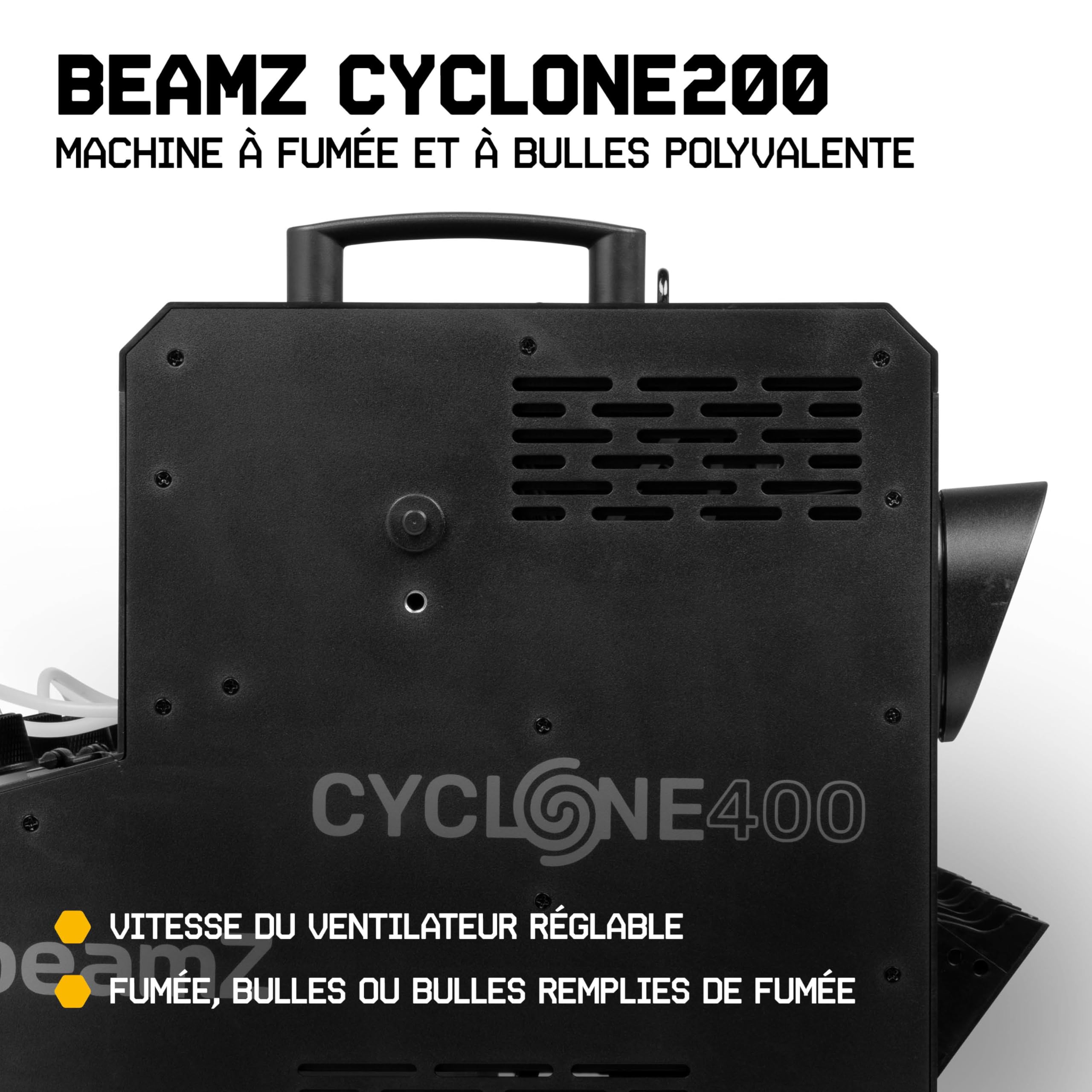 BeamZ Cyclone400 Pack Machine à Fumée et à Bulles 2-en-1 avec 48 LEDs RGBW, 10L de liquide à fumée et 10L de liquide à bulles inclus