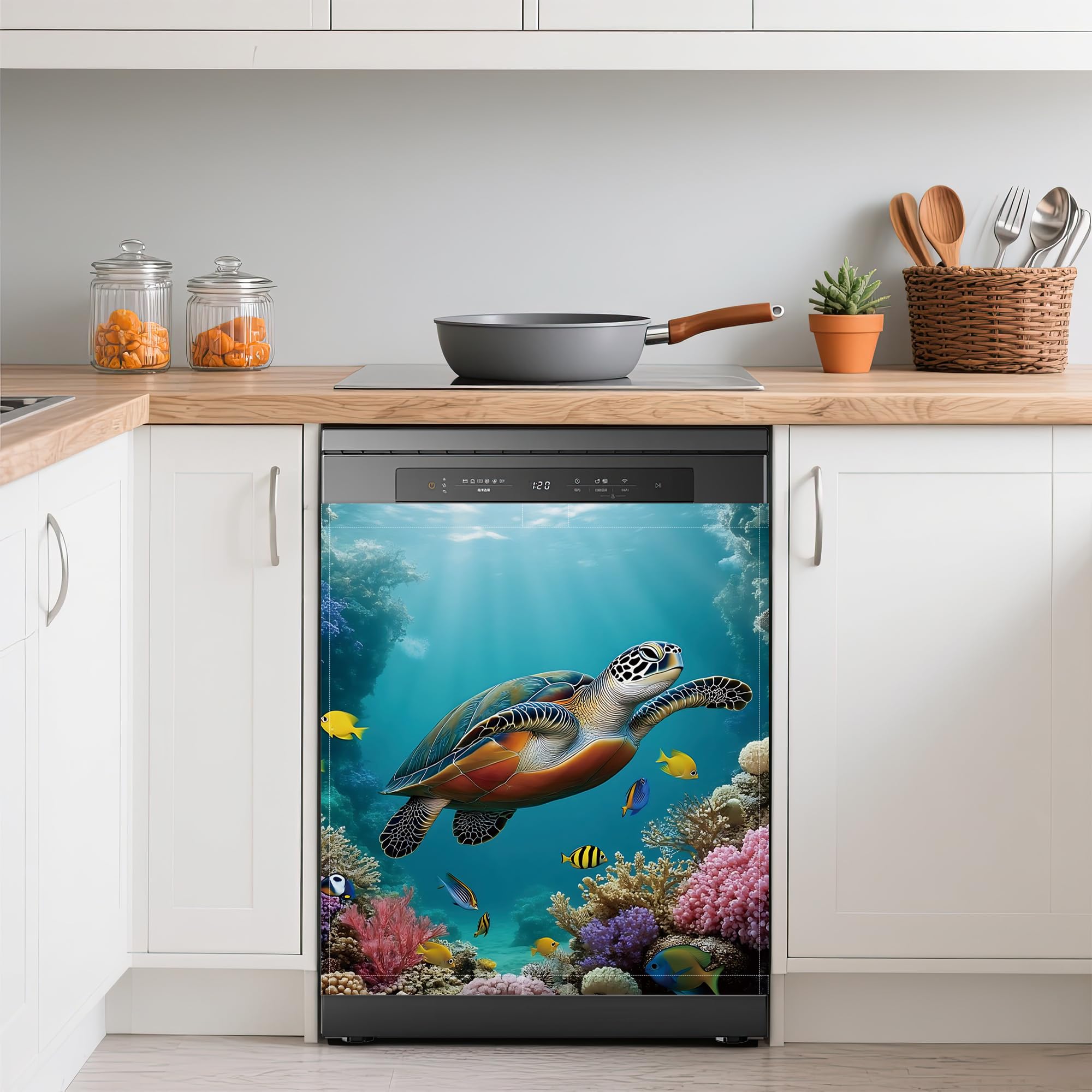 Sea Turtle Refrigerator Magnet Cover,Ocean Fish Coral Washable Dishwasher Magnets Decorative Cover,Home Kitchen Decorative Dishwasher Front Panel Cover 23x26 Inch