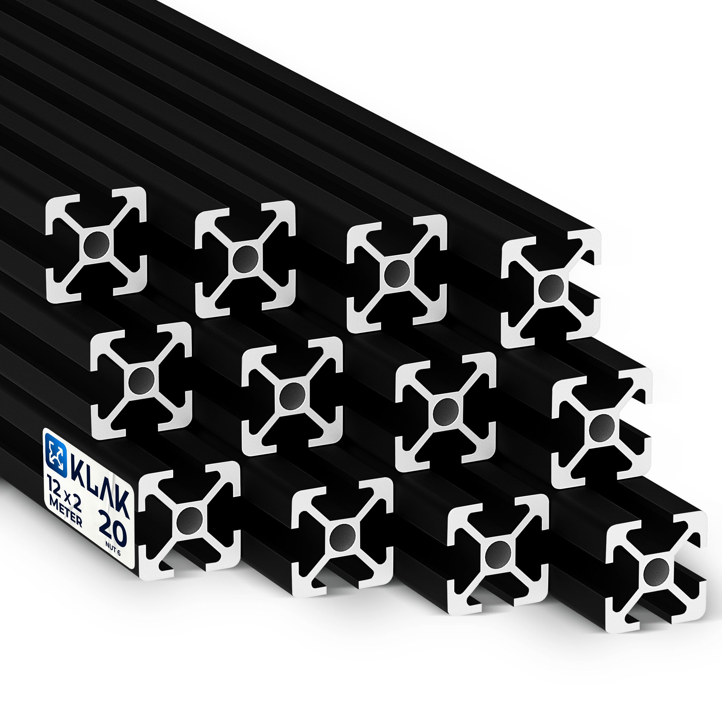 KLAK 20 - Aluprofil 12 Stück 20x20mm 2m Konstruktionsprofil Nut 6 schwarz