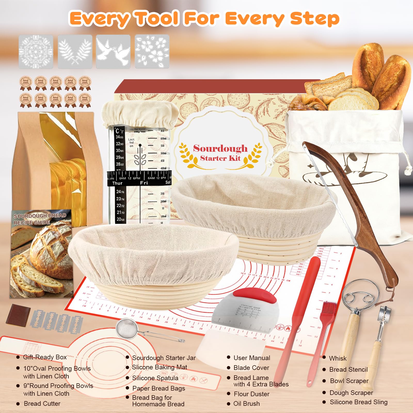 Sauerteig-Starter-Set, 22,9 cm rund und 25,4 cm oval, Banneton-Brot-Gärkörbchen, Sauerteig-Brot-Backzubehör mit Sauerteig-Starterglas und Brotschneider, Sauerteig-Set, Geschenke für Menschen, die