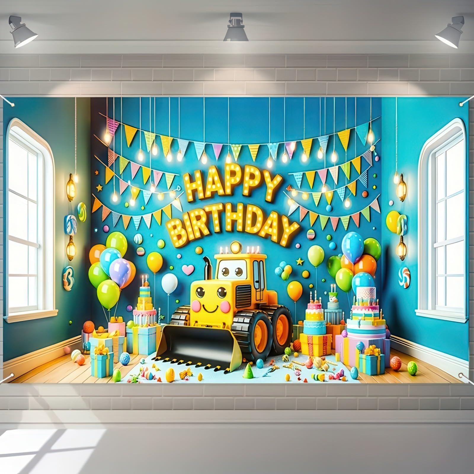 Blissyard Happy Birthday Engineering Vehicle Banner, 71 x 43 Inch Polyester Backdrop for Party Decorations excavator birthday decorations Indoor and Outdoor Use construction birthday party supplies