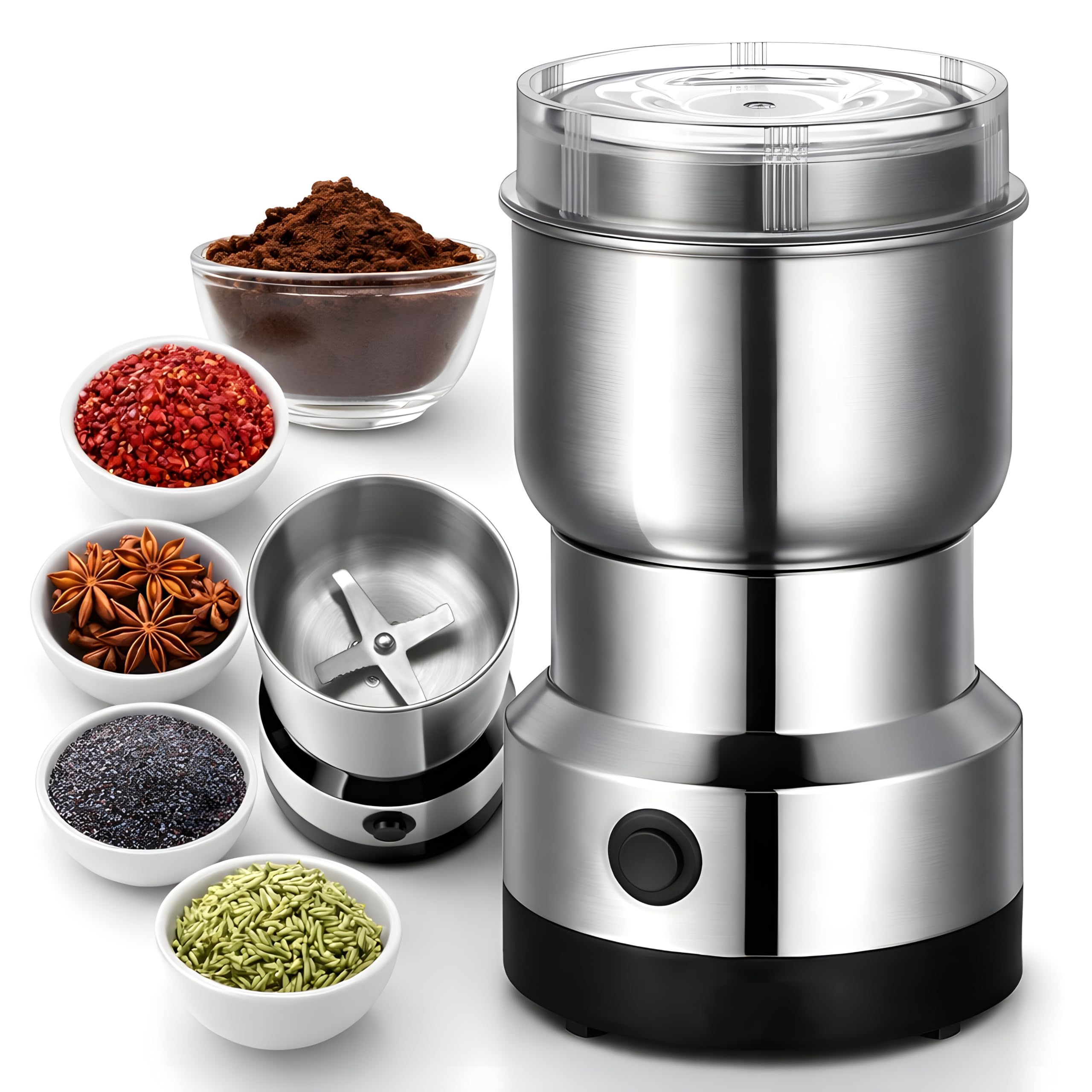Andrew James Mini Mixer Grinder Small Size 150W High Speed | EVERSYS Stainless Steel Spice Grinder & Coffee Beans Grinder | Portable Electric Grinder for Masala, Dry Ingredients (100g Capacity)-image-45