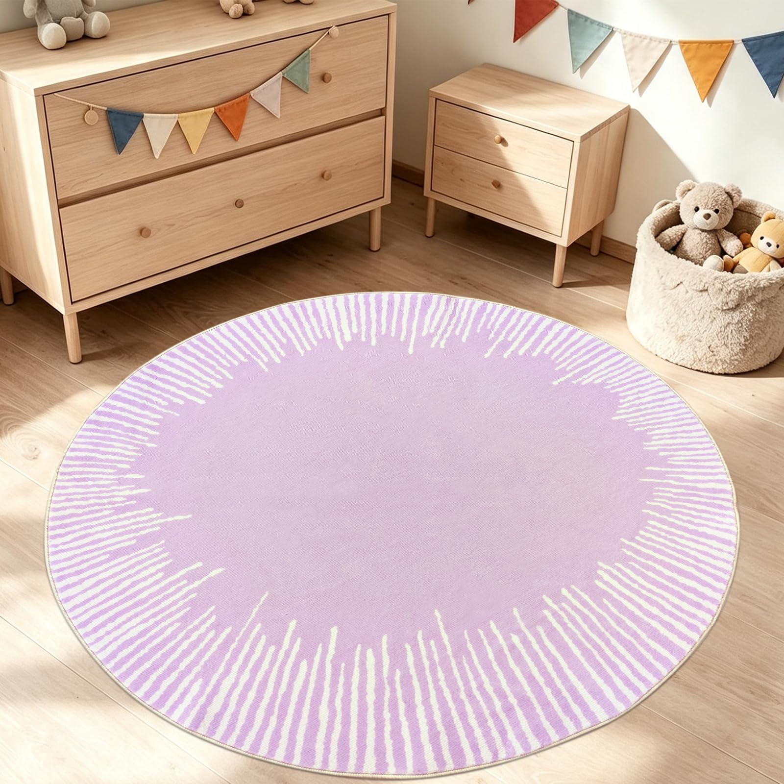 Kinderteppich, 122 cm, rund, modern, abstrakt, Cartoon-Sonnenschein Teppich, rutschfest, Schlafzimmer-Teppich für Kinderzimmer, Mädchenzimmer, Sonne, Bodenmatte, Überwurfteppich für