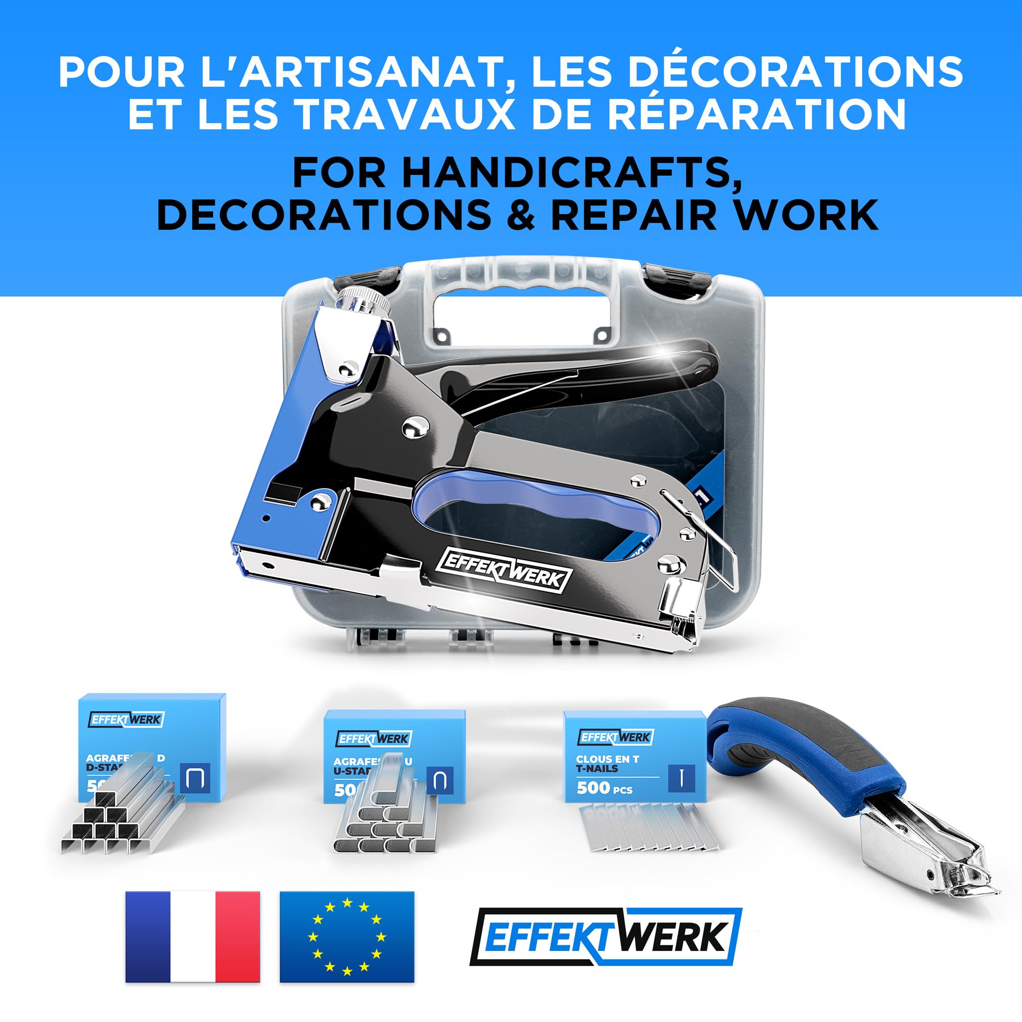Pistolet Agrafeur 5 en 1 - Agrafeuse Robuste + 1500 Agrafes + Dégrafeur pour Bois, Tissu, Treillis Métallique - Construction, Bricolage, Rembourrage