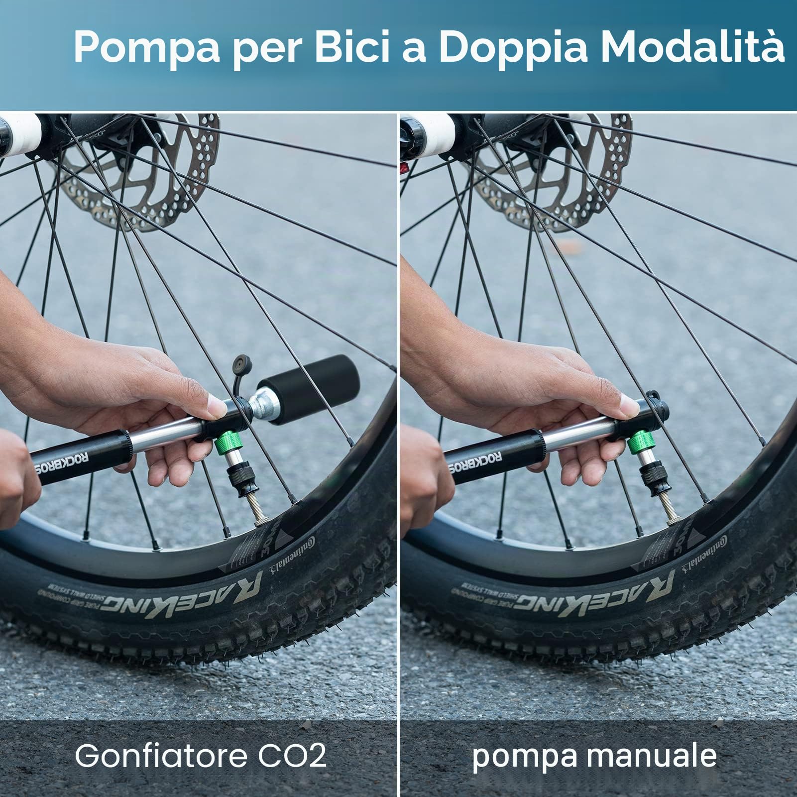 ROCKBROS Pompa per Bicicletta - Mini Pompa in Alluminio 110 PSI - ad Alta Pressione per Valvole Presta e Schrader - con una Cartuccia di CO2