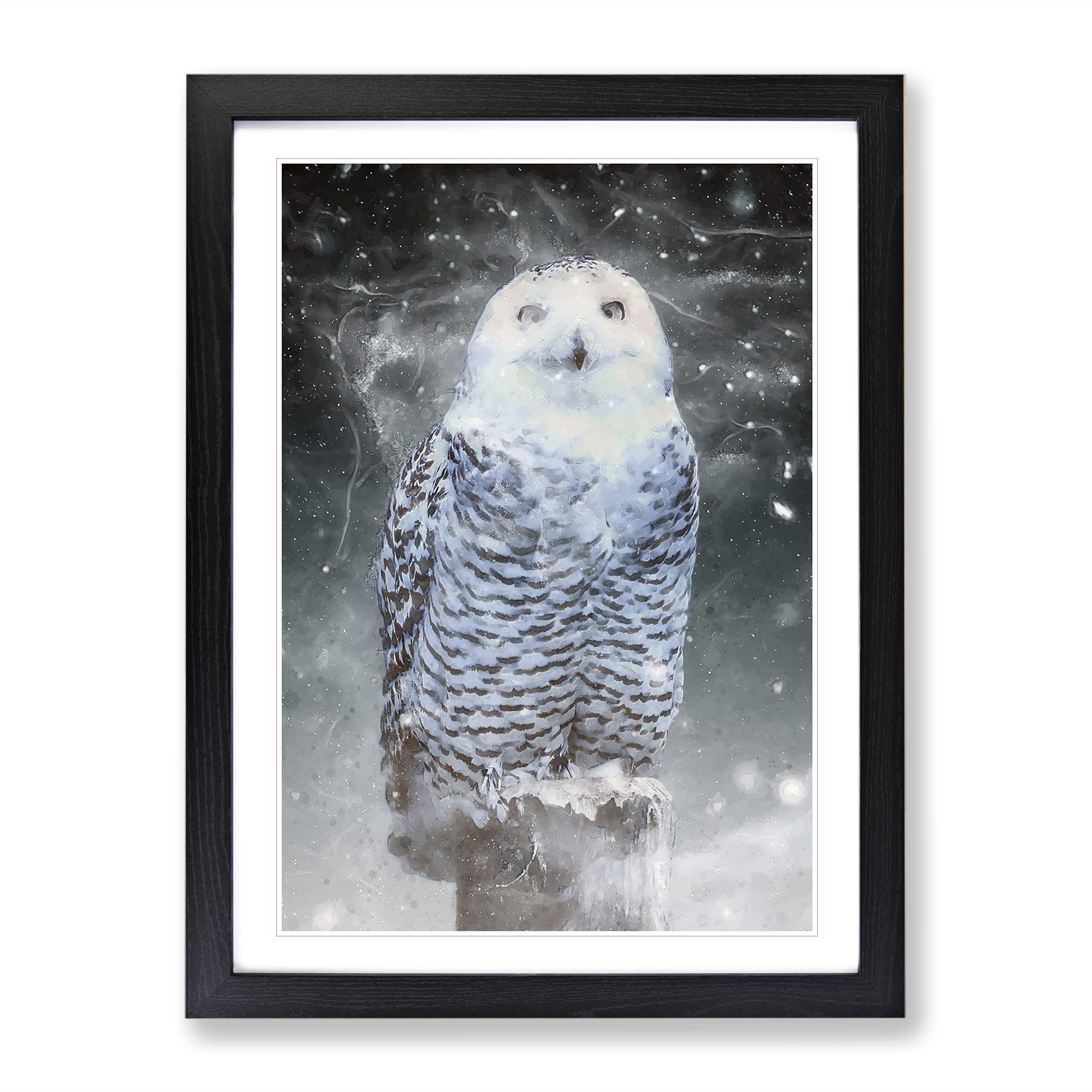 Snowy Owl On A Perch Modern Framed Wall Art Print, Ready to Hang Picture for Living Room Bedroom Home Office Décor