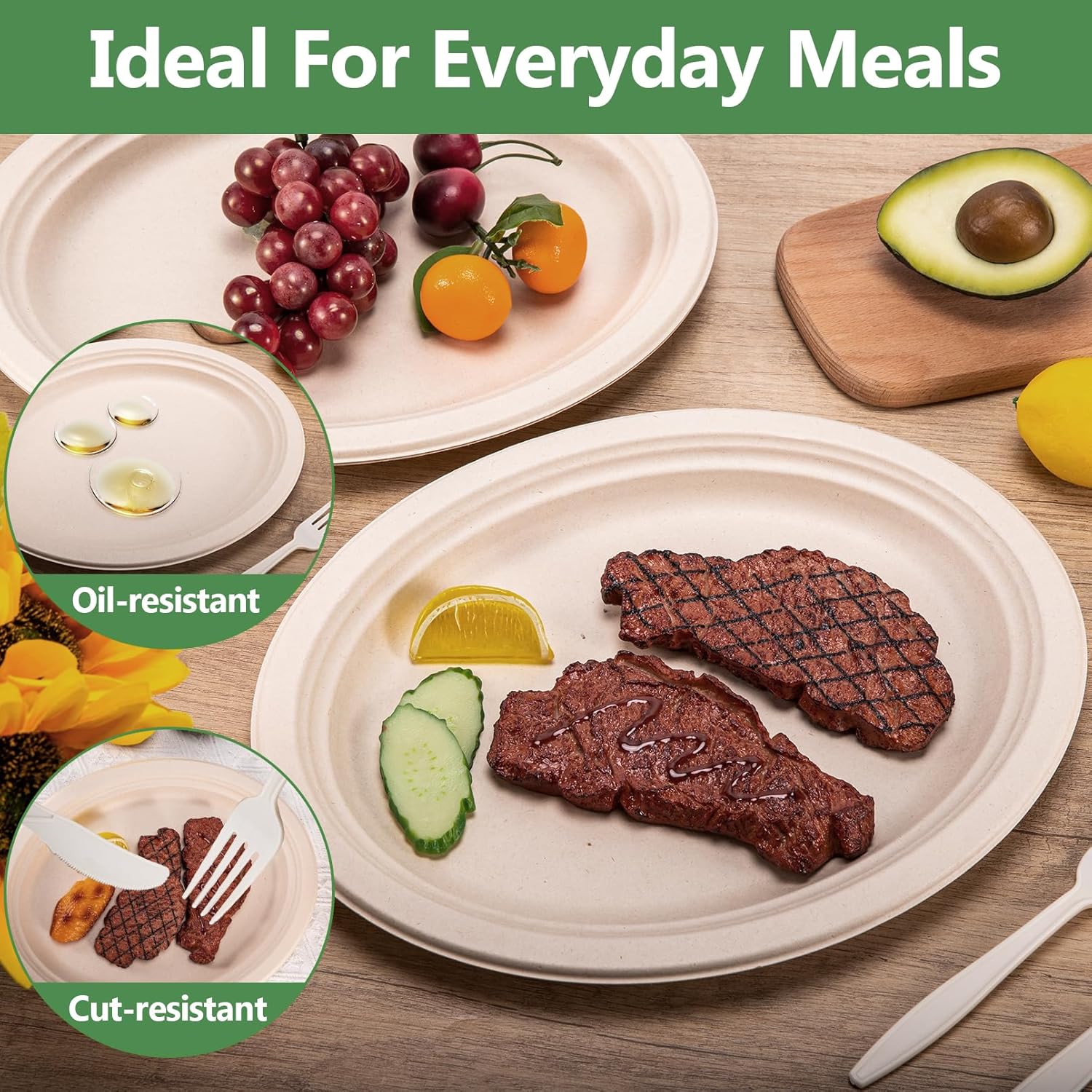 Oval Paper Plates, 120 Pack 12 inch, 100% Compostable, Heavy Duty, Biodegradable Sugarcane Plates for BBQ, Restaurant, Picnic, Party