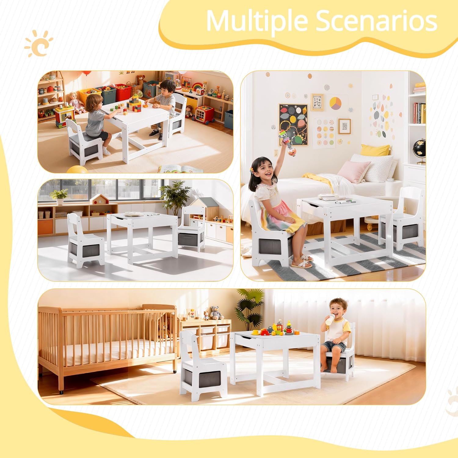 Kids Table and Chairs Set - 3 in 1 Wooden Toddler Table with Storage Drawer and Detachable Tabletop, for Children/Toddler/Baby Drawing Reading Playing, White and Gray