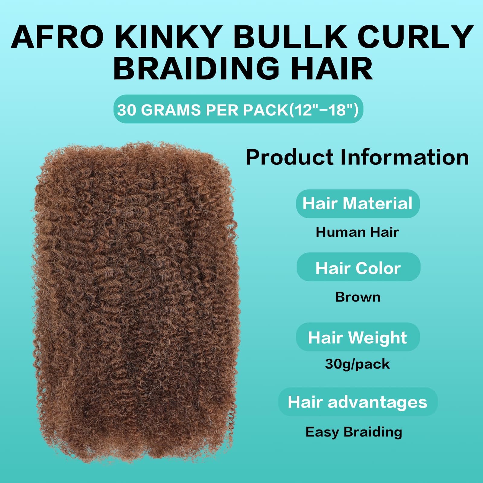 Humistwbiu Afro Kinky Bulk Human Hair 16 Inch 30 g Brown - Image 2