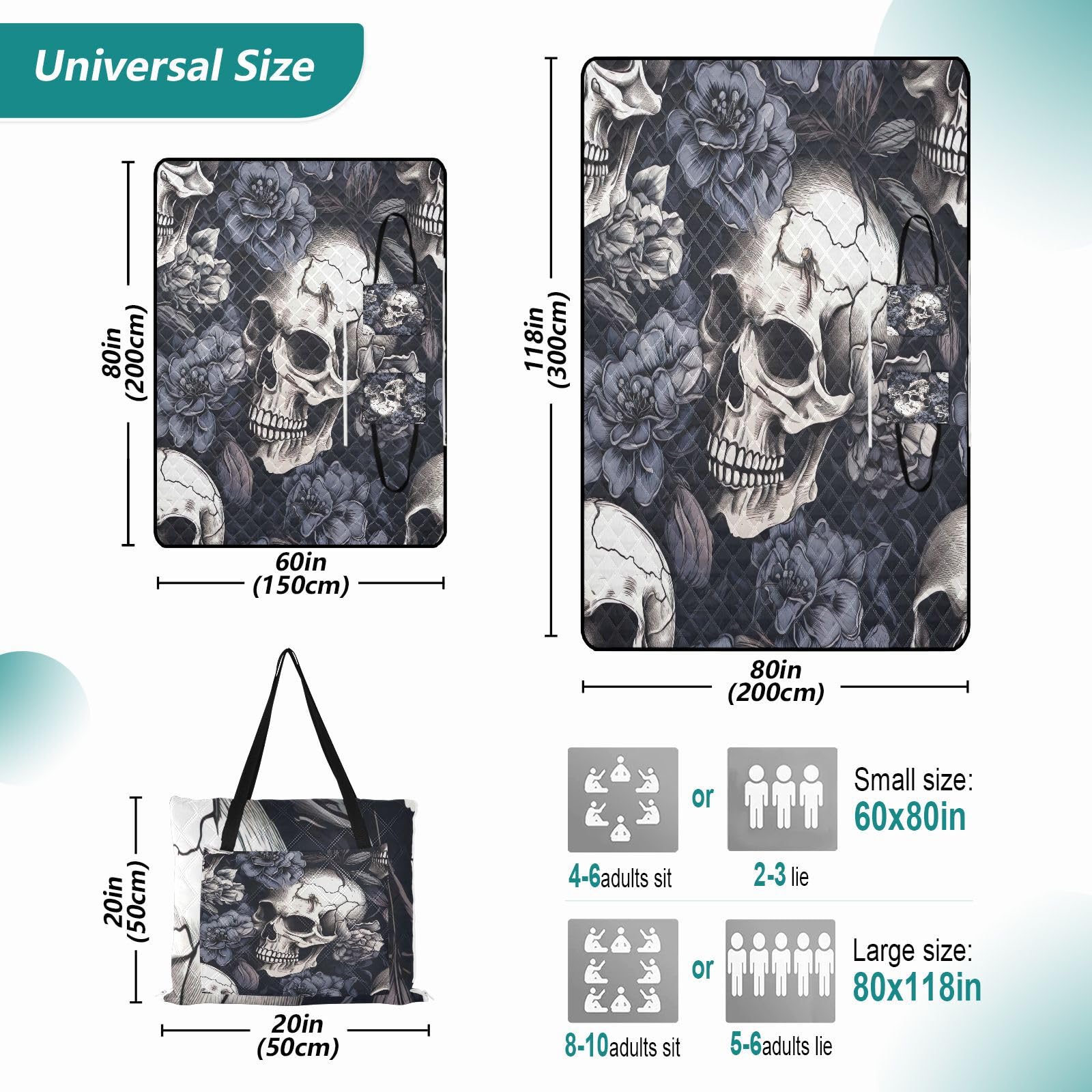 FLildon White Skull Violet Flower Picnic Blankets - Extra Large Waterproof Foldable Portable Picnic Blanket, 60''x80'' Beach Blanket Outdoor Mat for Grass Park, Hiking, Travel