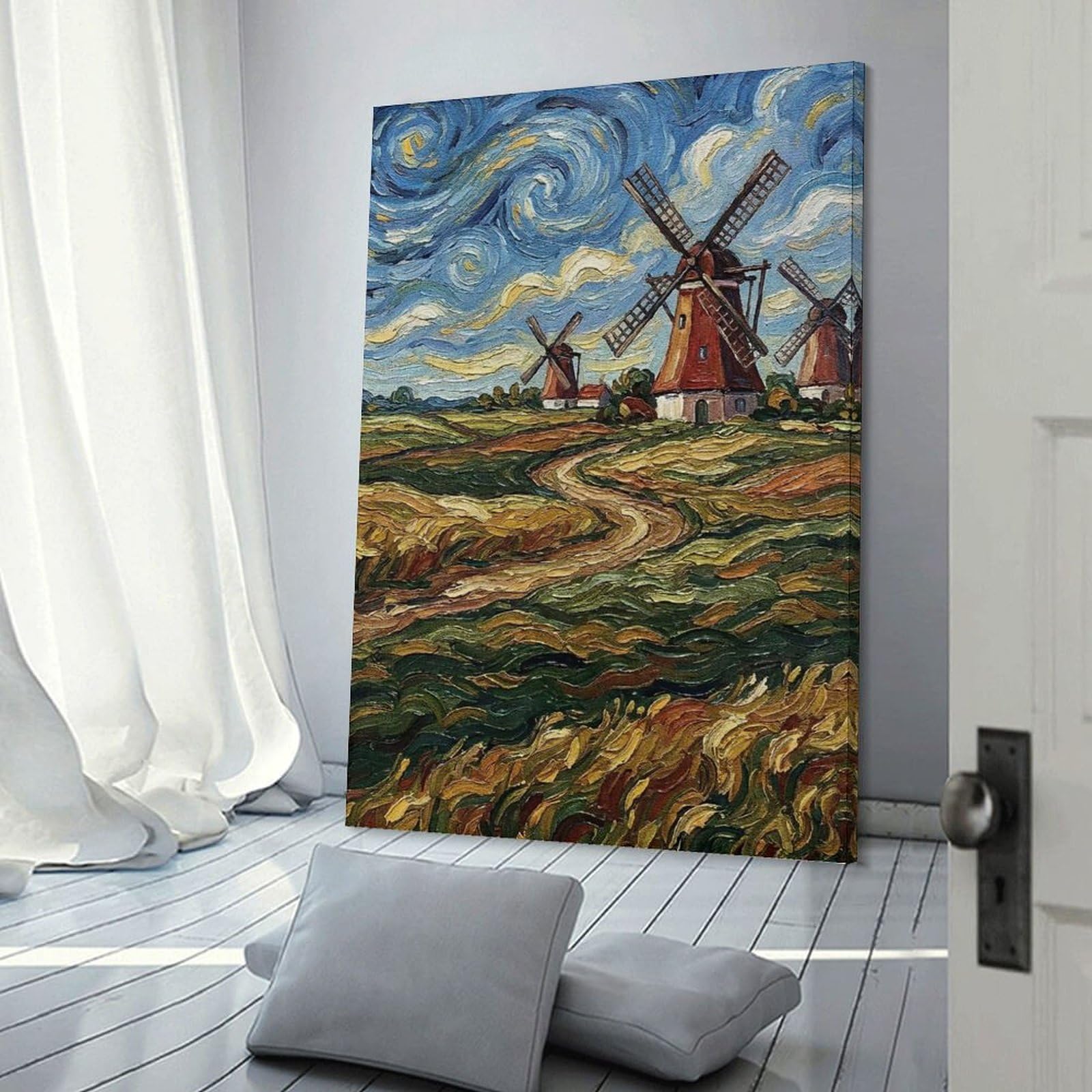 Junmoney Home Decor Wall Art Windmills in A Field Painting, 24x36inch(60x90cm), for New Homes, Bedrooms Or Workspaces, Decorative Present for New Homes