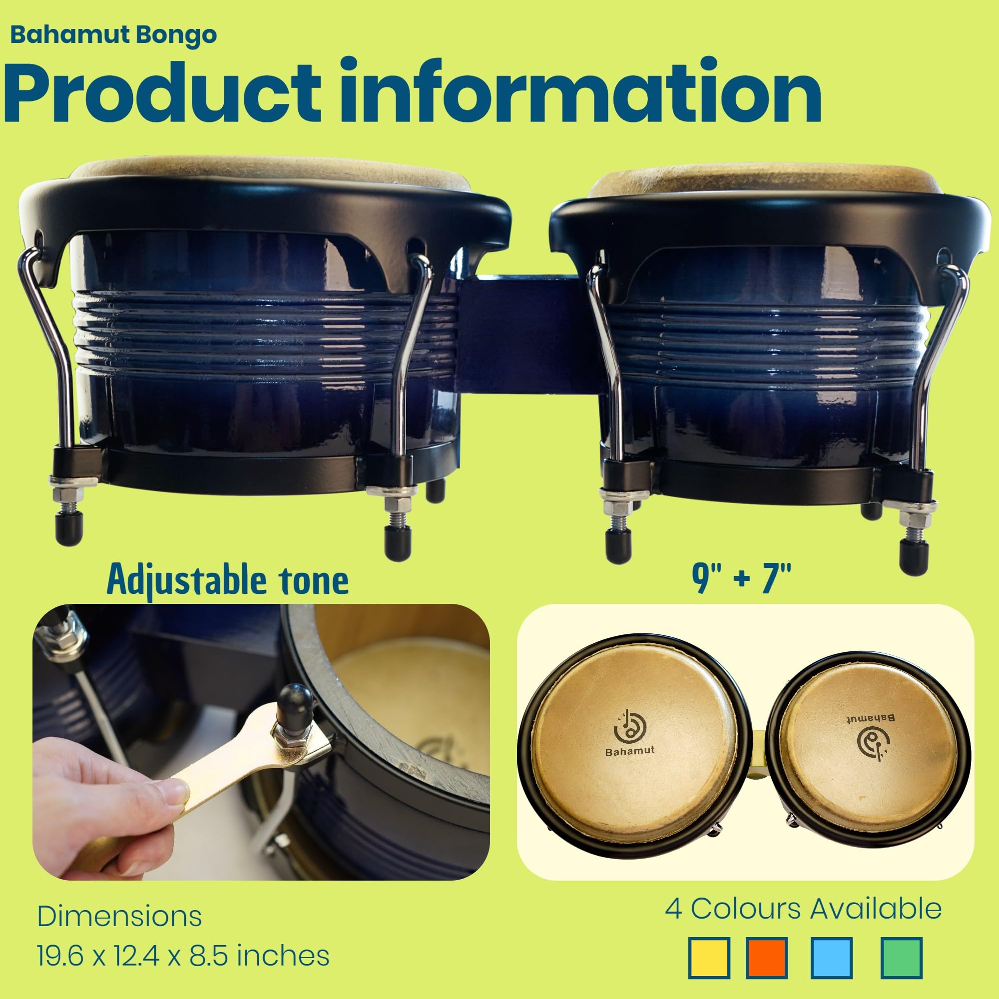 BAHAMUT Bongo Schlagzeug-Set, 17,8 cm + 22,9 cm, Holz-Bongos, Geschenk für Erwachsene, ideal für professionelle Spieler, mit Stimmschlüssel und wasserdichter Tasche