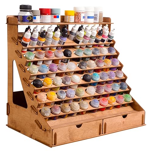 Plydolex Wooden Paint Organizer for 74 Paint Bottles and 14 Brushes - Paint Organizer with 2 Art Tool Cabinets and 6 Miniature Holders - Paint Holder - Citadel/Vallejo 74 holes