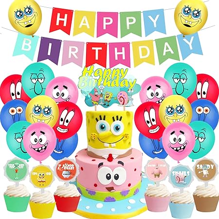 Amazon Co Jp スポンジボブ 誕生日 飾り付け パーティー セット キャラクター イエロー 可愛い 3 カラフル 子供 男の子 女の子 ケーキトッパー バルーン 風船 レッド Happy Birthday バナー ガーランド 28枚セット スポンジボブ3 おもちゃ