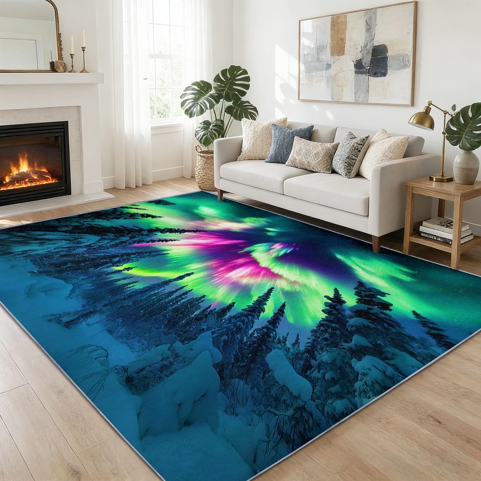 Dywan do salonu 140 x 200 cm pejzaż z sosną Aurora można prać w pralce, antypoślizgowy dywan do sypialni sypialni biuro krótkie włosy, kolor