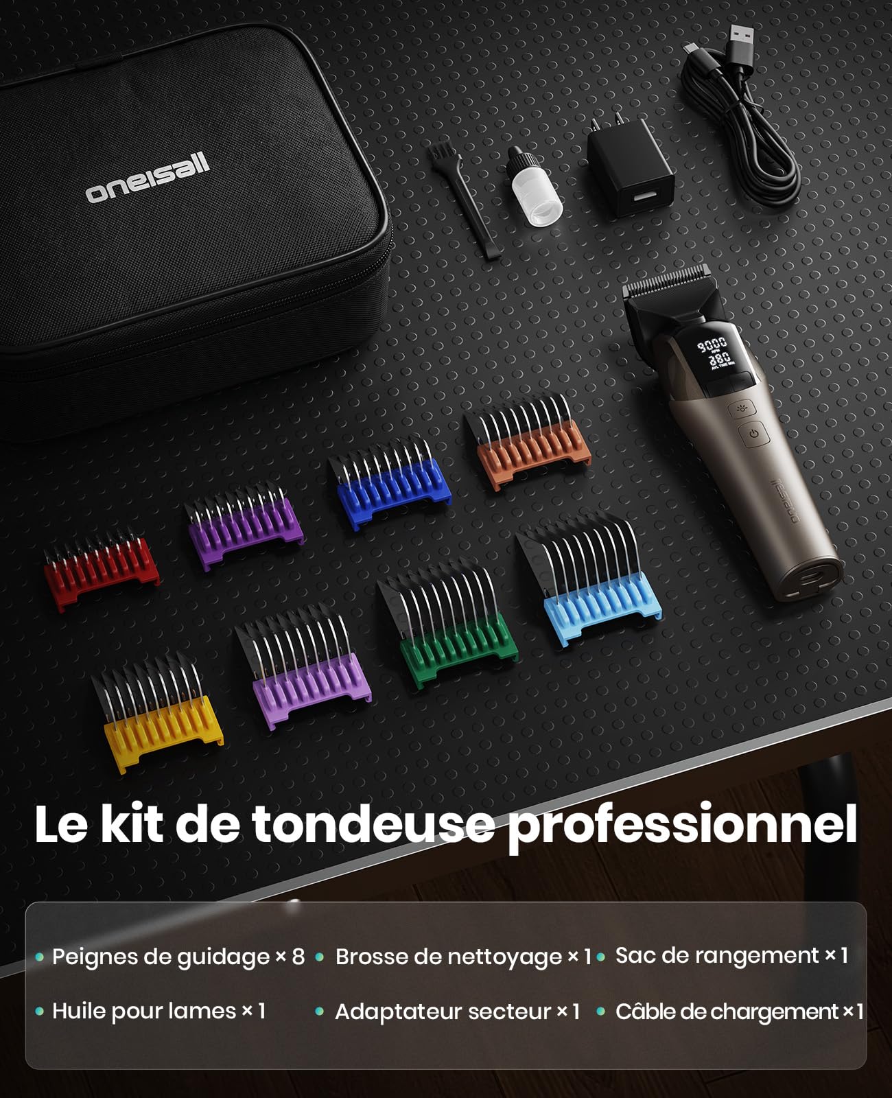 oneisall Tondeuse Chien Professionnelle | 9000 RPM 5 vitesses,DLC lame 5-en-1 , autonomie de 280 min,<50 dB silencieux, 8 peignes guides métalliques