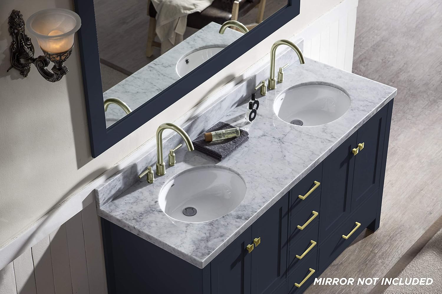 ARIEL Cambridge A061D-VO-MNB 61" Inch Bathroom Vanity Cabinet in Midnight Blue with Carrara White Marble Countertop Round Oval Sinks