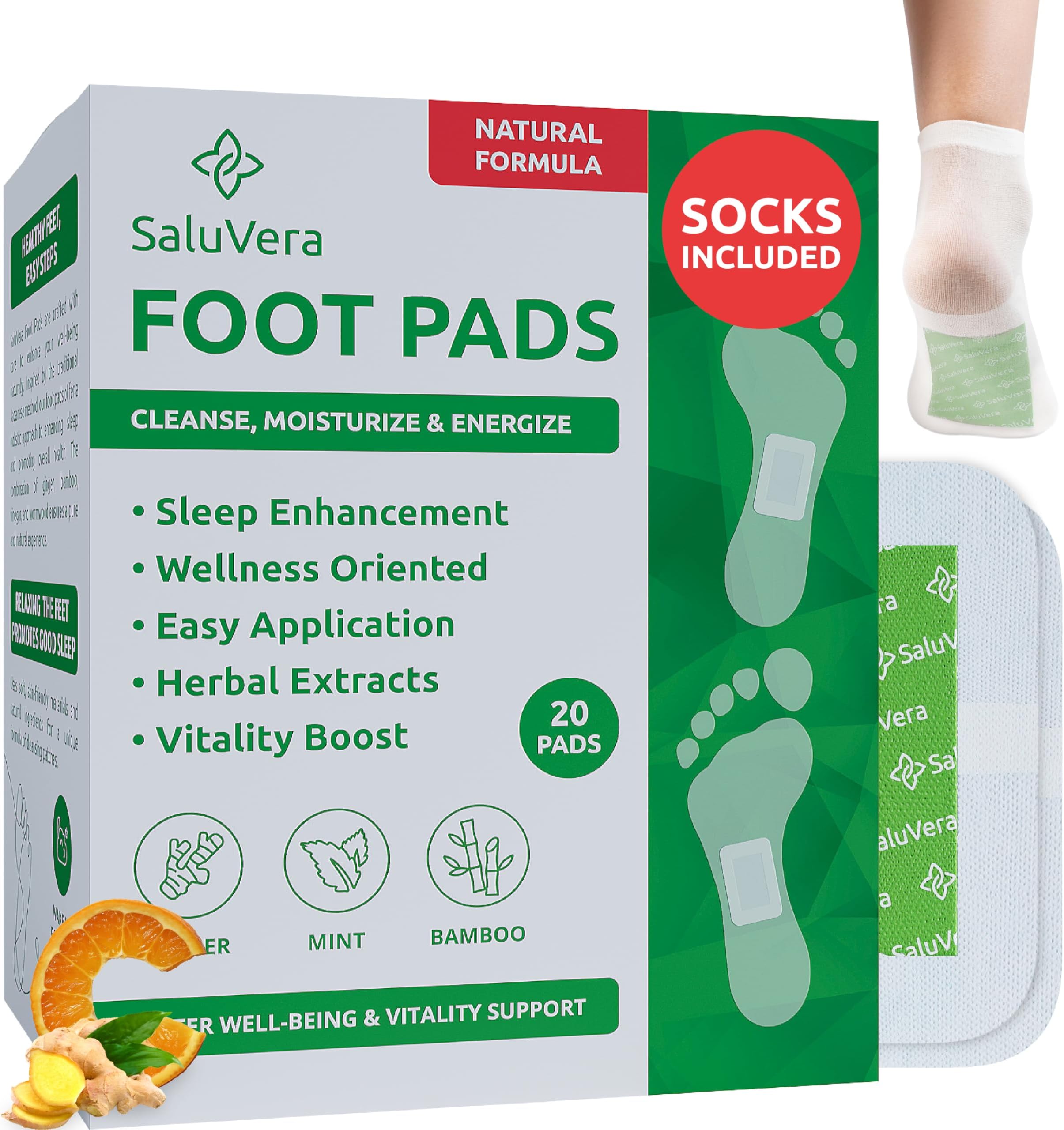 SaluVera Foot Pads for Relaxation, Improved Sleep & Foot Care, Ginger, Bamboo, Vinegar & Wormwood, Feet pad for Enhanced Well-Being, Foot Patches for Daily Wellness Rituals (20 Count), Green