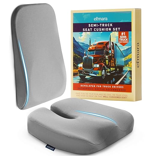 Elmara Truck Seat Cushion for Truck Driver Back Pain – Truck Driver Seat Cushion & Back Support – Trucker Gifts – Semi Truck Accessories for Men & Women – Bus Driver Seat Cushion (2-Piece Set)