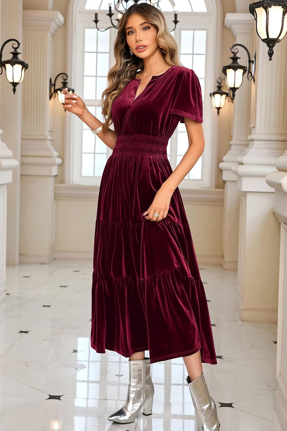 R.Vivimos Women's Fall Winter Vintage Velvet Dress Short Sleeve V Neck Elastic Waist Tiered Ruffle A-Line Flowy Maxi Dress - Image 3