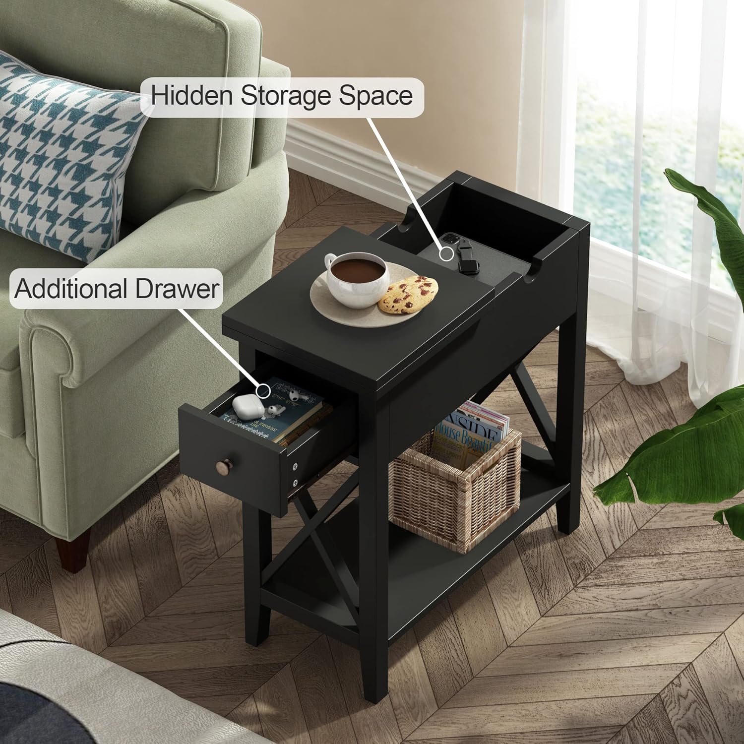 ChooChoo Narrow Console Table, Wood Accent Sofa Entryway Table Bundle Black Flip Top Side End Table