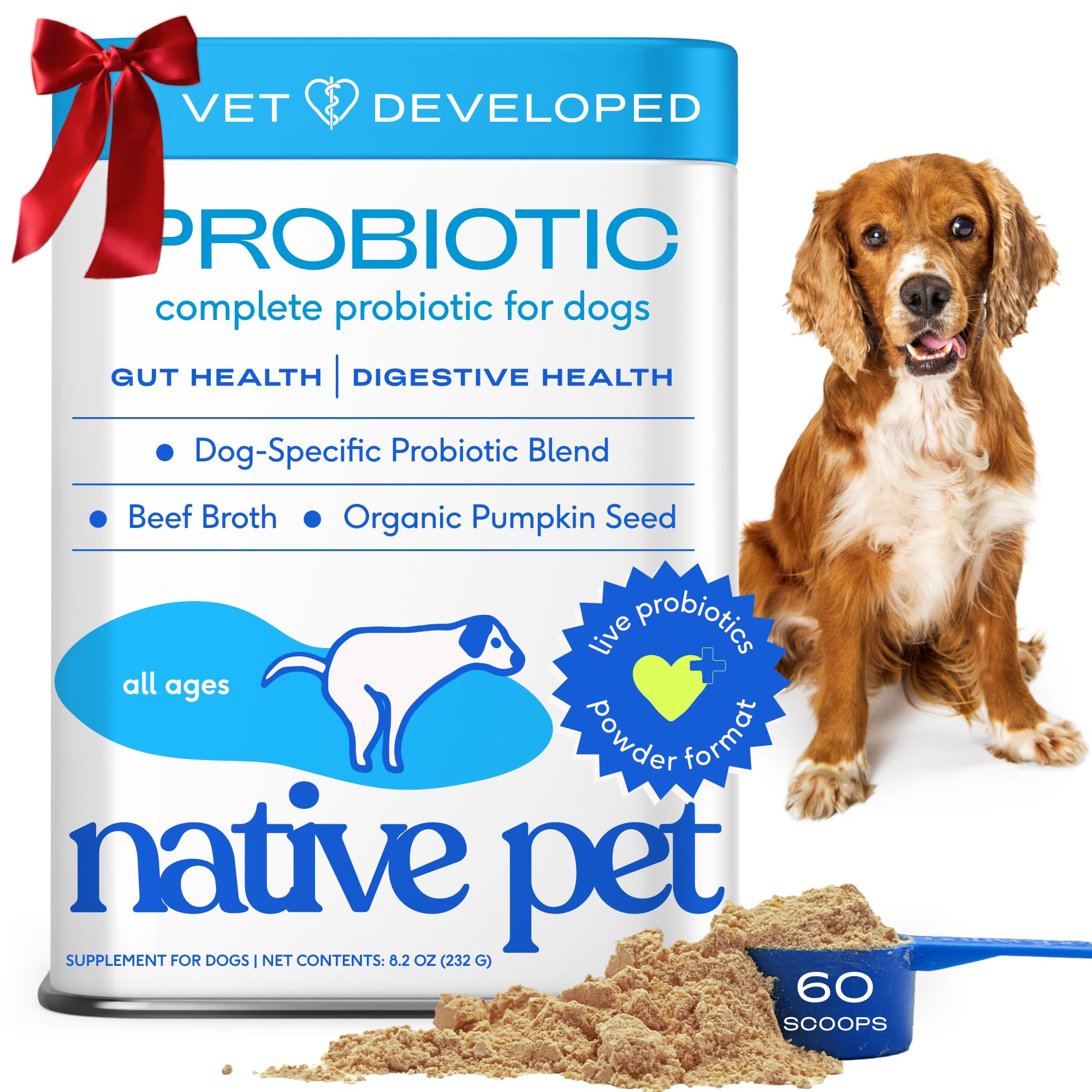 Native Pet Probiotics for Dogs - Dog Probiotics Powder for Digestive Health, Gut Support, & Immune Boost – Vet-Formulated Powder for Maximum Potency with Digestive Enzymes & Prebiotics - 60 Scoops