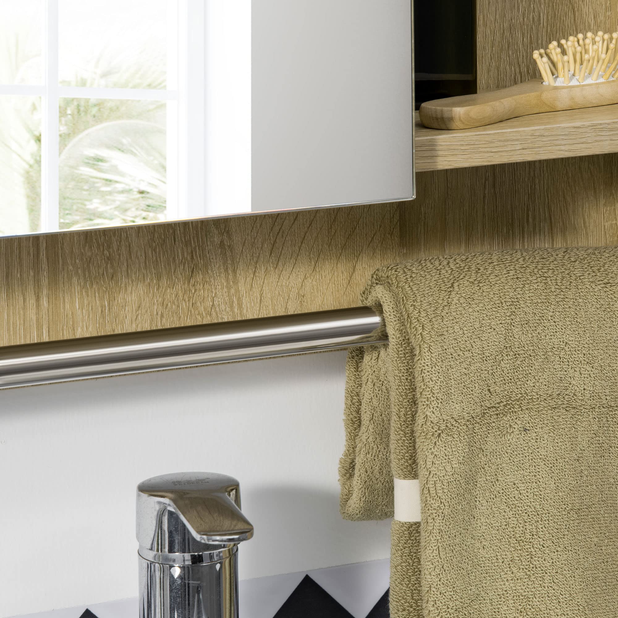kleankin Armario de Baño con Espejo Armario de Pared con 1 Puerta Estante Ajustable Toallero y Compartimento Mueble de Baño Colgante para Salón 60x15x70 cm Roble