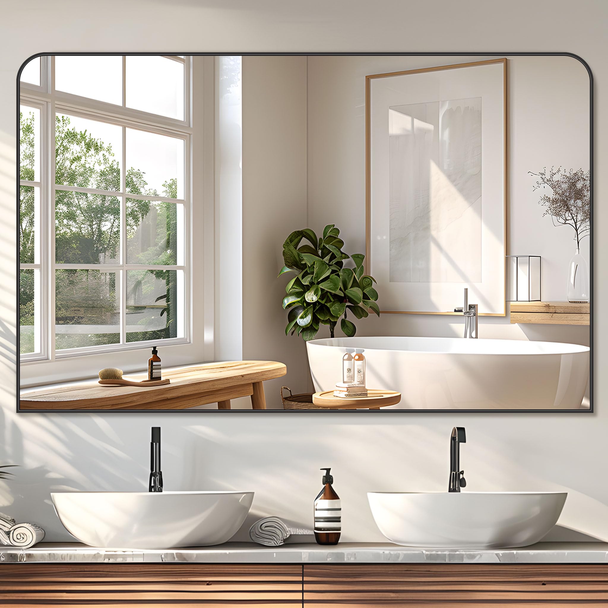 Amazon.com: LadyNow Bathroom Mirror, 48x30 Inch Wall Mirror, Black Metal Framed Wall-Mounted ...