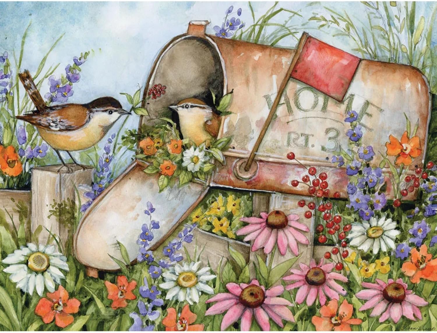 Bits and Pieces 500 Piece Puzzles for Adults - Mailbox in Field with Birds - Large 18" x 24" Jigsaw Puzzles 500 Pieces Country Rustic Flowers, No 2 Pieces Alike
