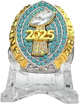 Legacy Rings 2025 Fantasy Football Championship Trophy Ring Gold Silver Tone, Award for Fantasy Football League Winner Light Blue Stones
