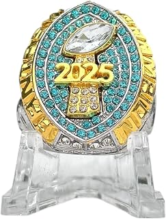 Legacy Rings 2025 Fantasy Football Championship Trophy Ring Gold Silver Tone, Award for Fantasy Football League Winner Light Blue Stones