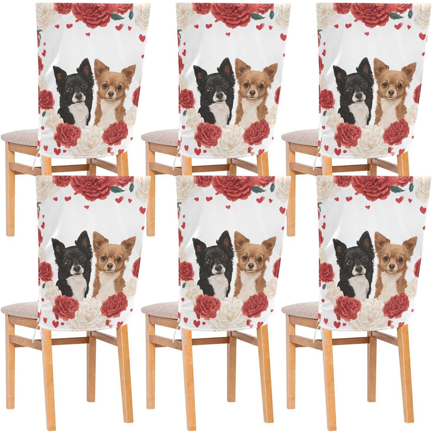 ALAZA Cute Dogs Hearts Roses Chair Back Cover Set of 6, Washable Reusable Removable Chair Slipcovers Decorative Chair Cover for Home Kitchen Wedding Party