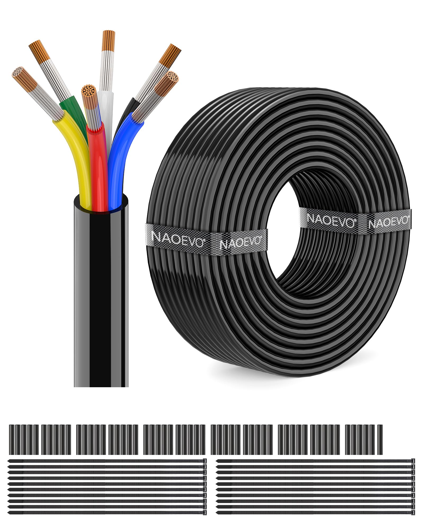 NAOEVO 16 Gauge Wire 6 Conductor Electrical Wire, 16 AWG Stranded PVC Cord, 12V Low Voltage/Tinned Copper/Flexible Cable for Automotive Wiring, Lamp