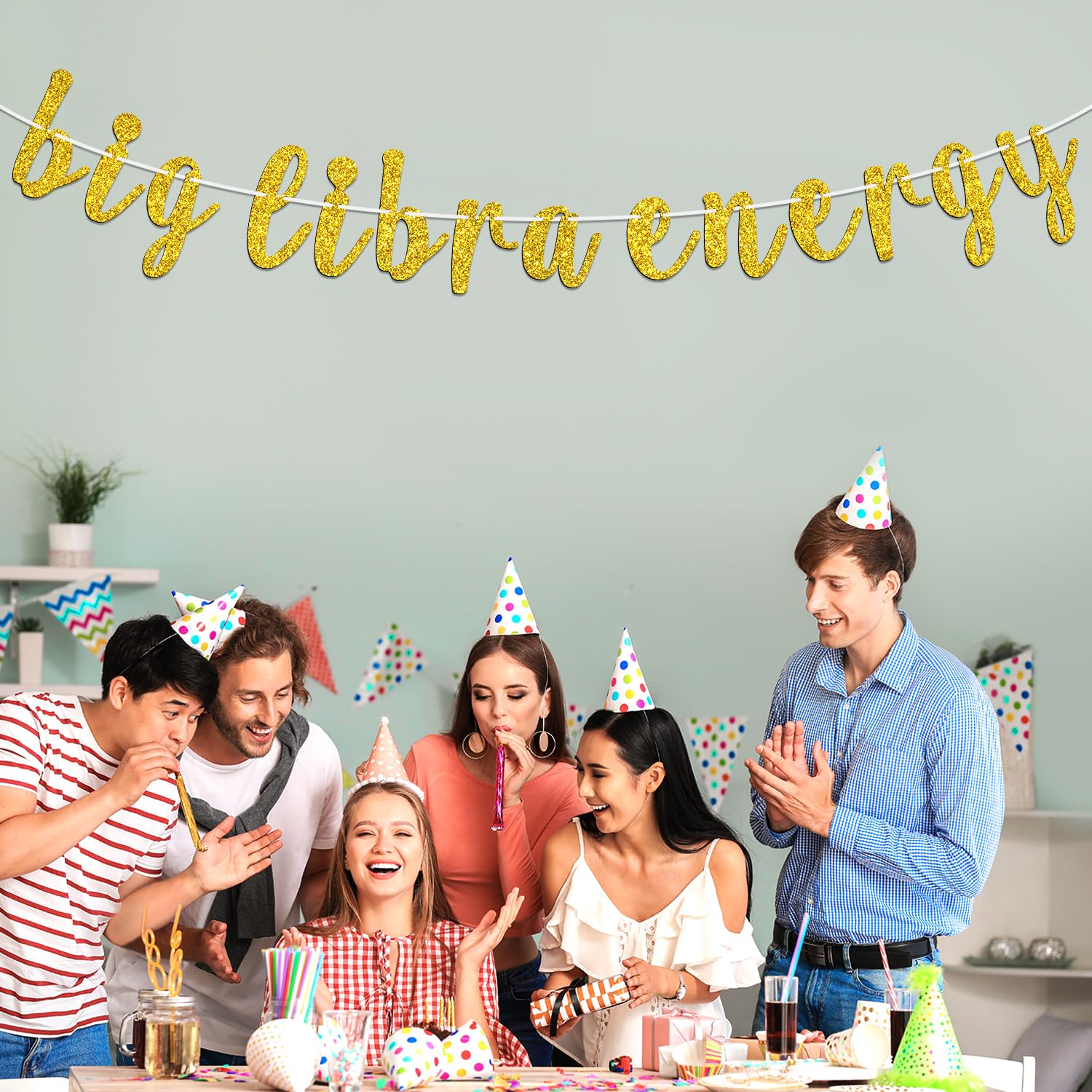 Big Libra Energy Birthday Banner - Gold Glitter Zodiac Sign Party Decor For Boys & Girls