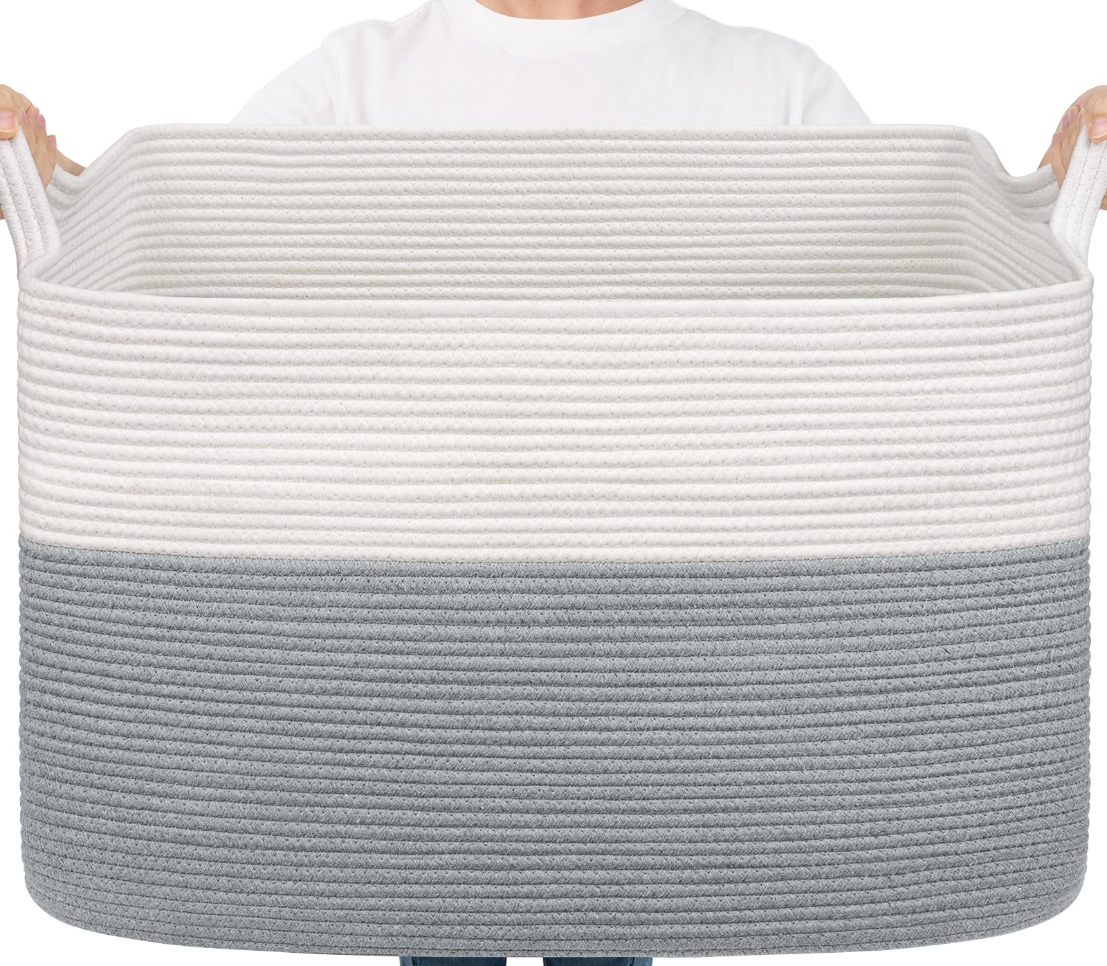 TIMEYARD 105L Extra Large Woven Blanket Basket Cotton Rope Storage Baskets for Organizing, Rectangle Baby Laundry Basket for Living Room Home Decor, 63.50 x 40.5 x 40.5 cm, White & Gray