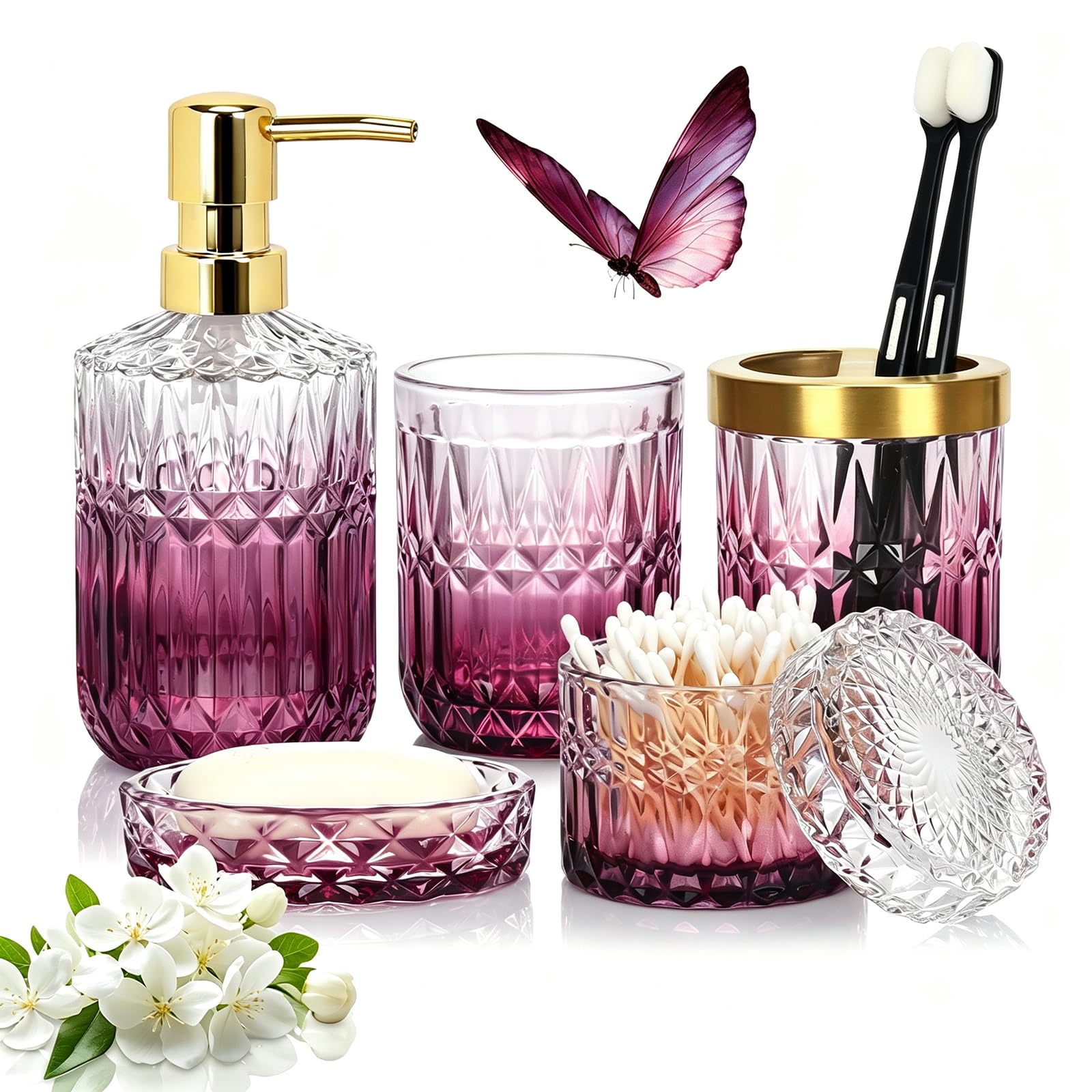 5-teiliges Badezimmer-Zubehör-Set aus Glas – Seifenspender, Zahnbürstenhalter, Seifenschale, Becher und Wattestäbchen-Glas – Premium klar & rot – eleganter Schmink-Organizer für moderne und