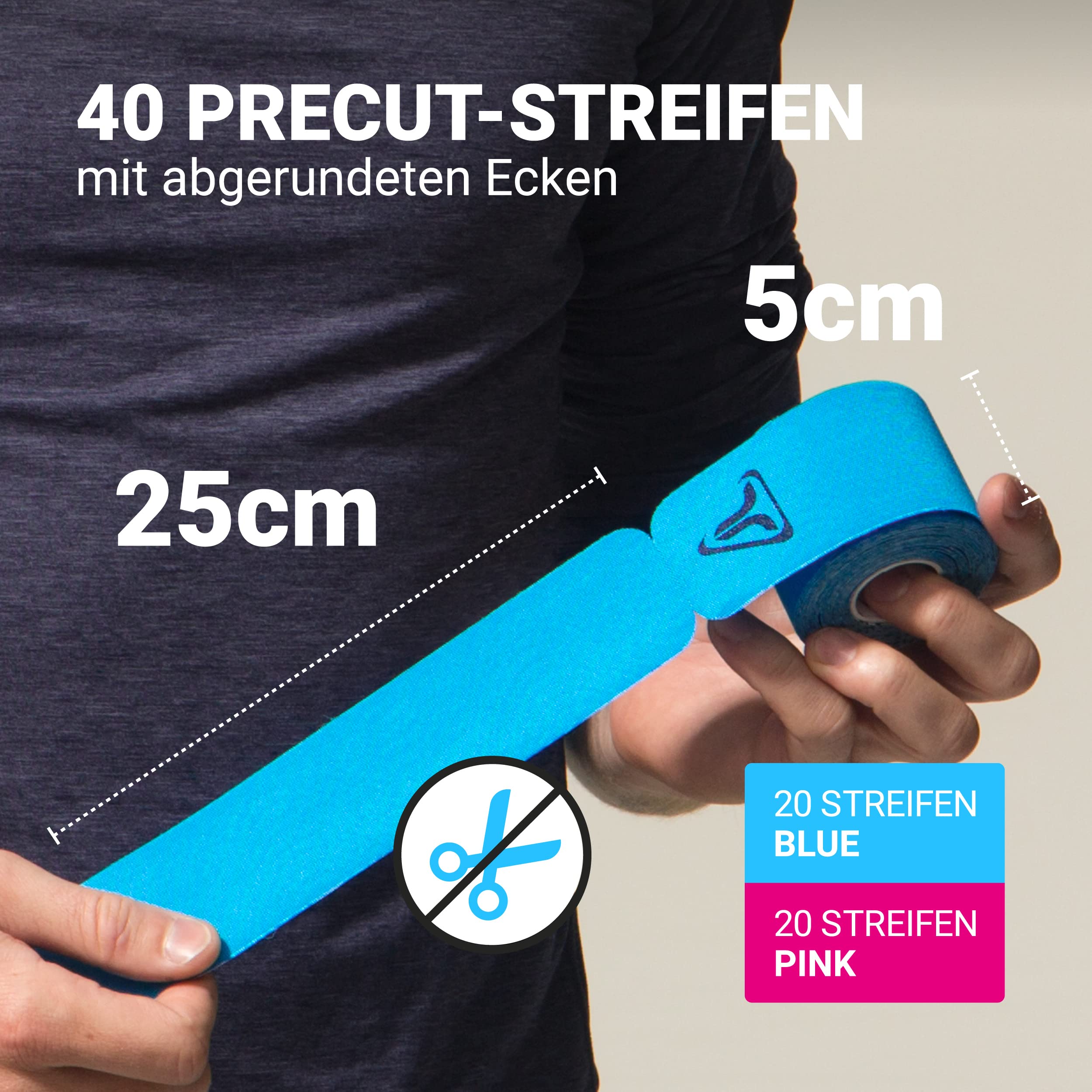 TRUETAPE® Kinesiotape PRO Precut DUO-Pack, 25 x 5 cm, Blau & Pink | 2 x 20 vorgeschnittene Streifen à 25 x 5 cm, wasserfest & elastisch, Physiotape mit starker Klebekraft für den Sport