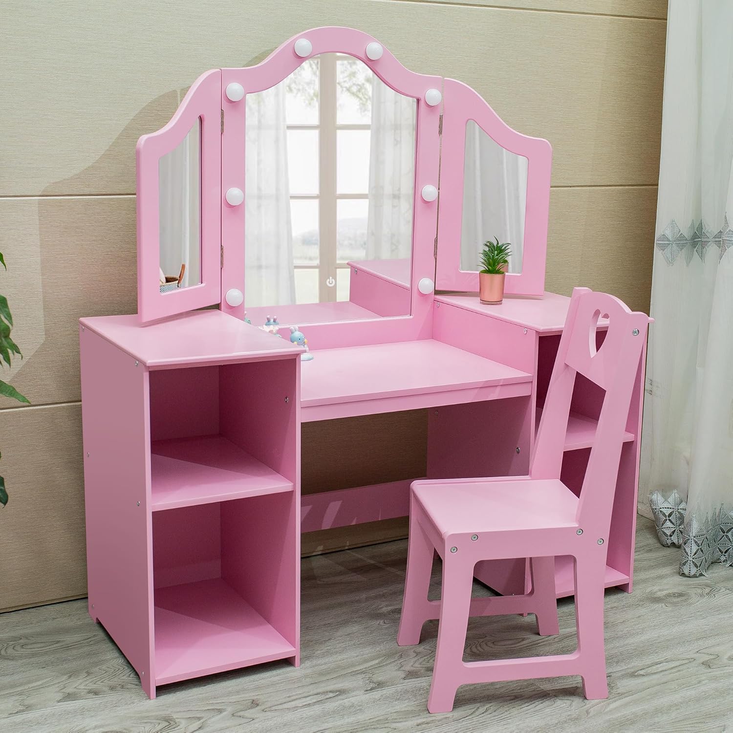 Jojoka Kids Vanity Table & Chair Set with Touch Light – Wooden Princess Makeup Desk – Tri-Folding Mirror – Detachable Top – Drawer & Open Storage – Perfect for Girls & Toddlers – American Pink