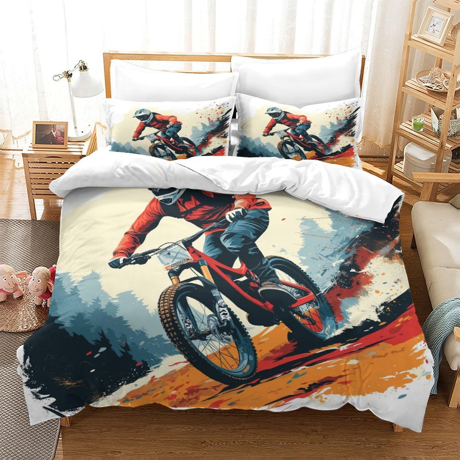Stampato in 3D bicicletta Copertina Stampata Microfibra Disegnata Biancheria Da Letto Ipoallergenico Con 2 Federe,Double（200x200cm）, Per Adolescenti E Adulti