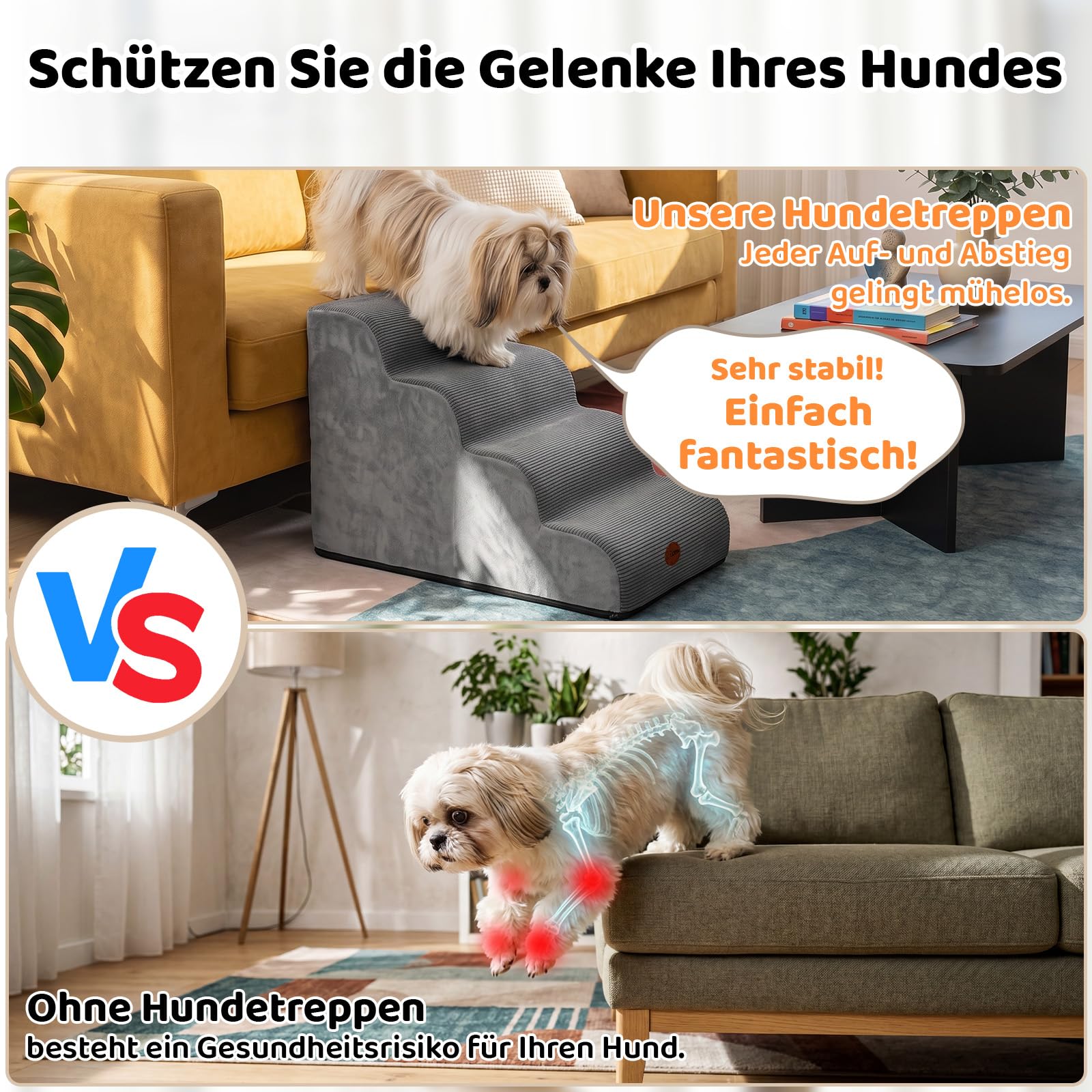 X XBEN Escaliers pour Chiens Petits, Âgés et Blessés, Marches pour Animaux | Mousse Haute Densité 33D, Pente Douce, Housse Lavable, Adhérence, Antidérapant, pour Lit et Canapé, 4 Marches, 50 CM