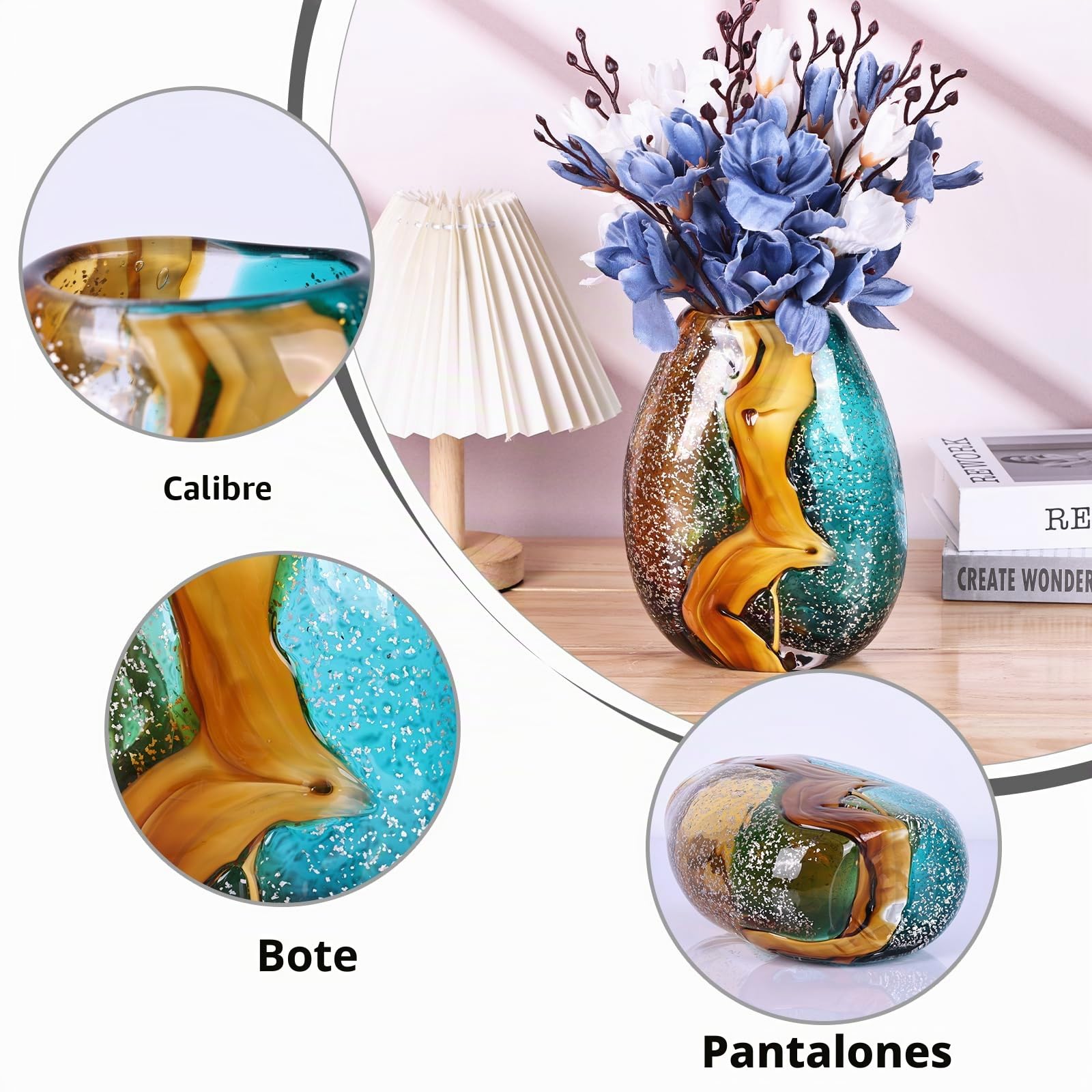 Jarrón de cristal verde azulado, jarrones de cristal verde soplado a mano, jarrones de cristal de Murano, decoración única de cristal de mesa, flores con jarrón decorativo, decoración de