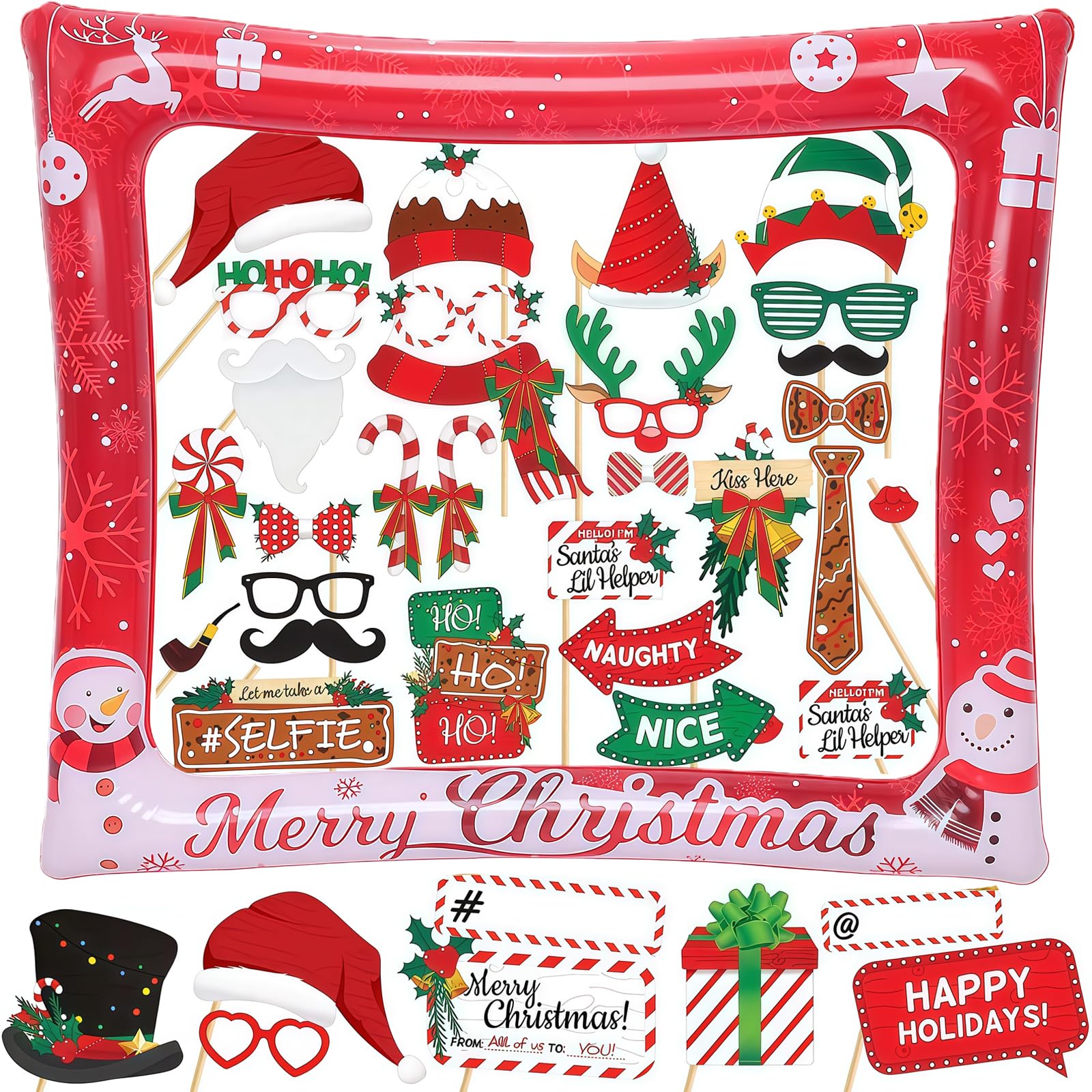 Christmas Photo Booth Frame with 38pcs Photo Booth Props Selfie Picture Frame, Inflatable Photo Booth Selfie Frame,Giant Inflatable Party for Christmas Party Game Accessories Supplies