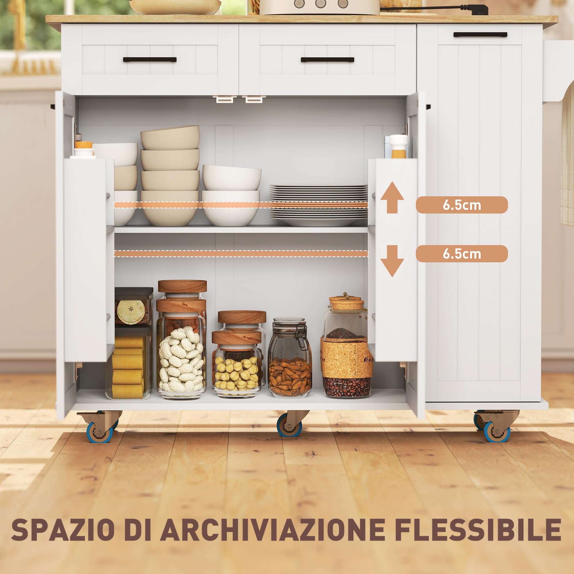 HOMCOM Isola Cucina con Ruote, Carrello Cucina con Stazione di Ricarica, Piano a Ribalta in Legno, Ripiani Regolabili, 2 Cassetti, Armadietto Estraibile, Portaspezie a Porta, Portasciugamani, Bianco