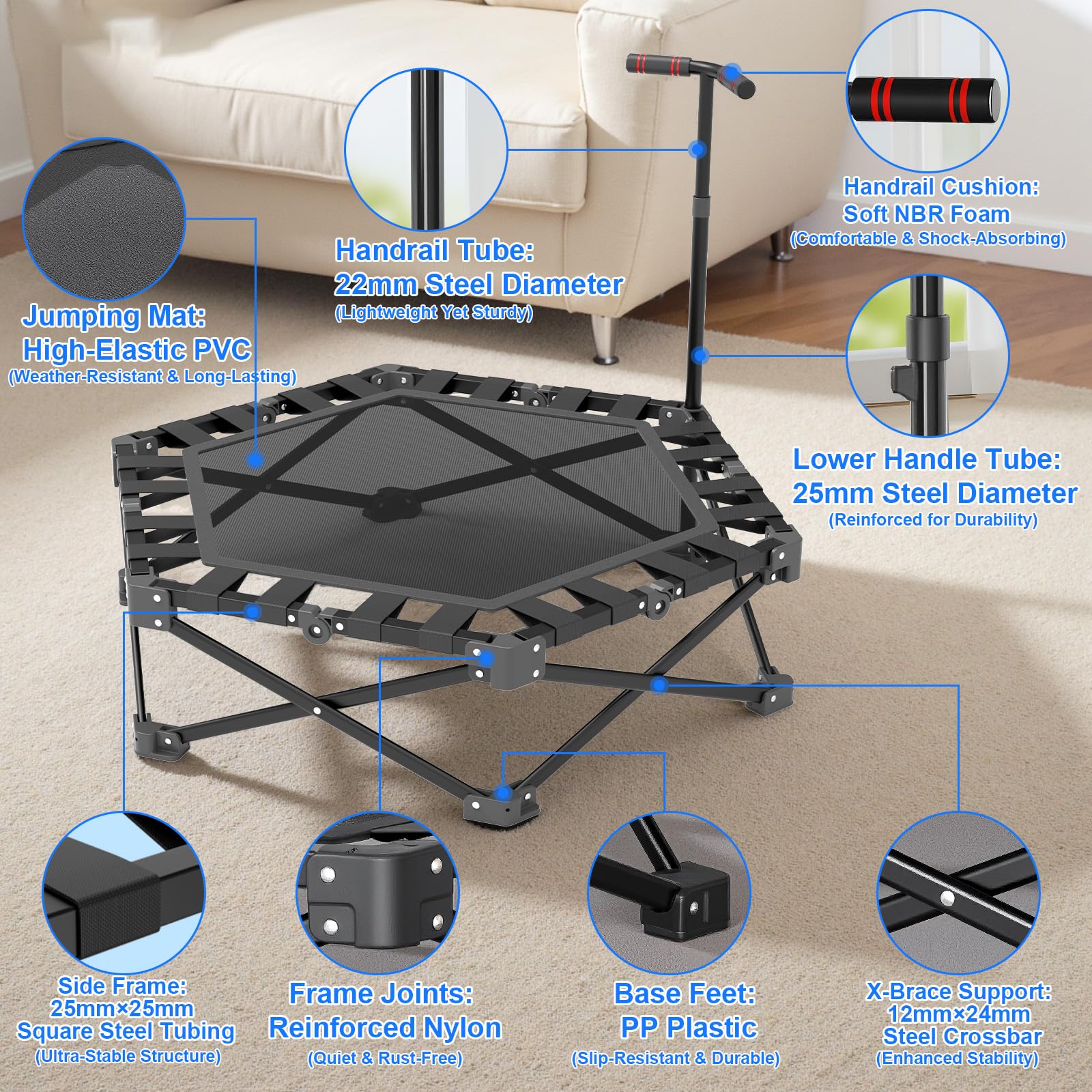Mini Trampolino Fitness Pieghevole per Adulti, Trampolino per Interni con Maniglia Regolabile, 106 cm, Portata 275 kg, Trampolin per Casa
