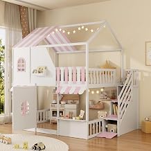 RUNNA Charming Full Over Full House Bunk Bed with Built-in Storage, Play Area, and Safety Stairs for Kids Fun Bedroom White+Pink/R