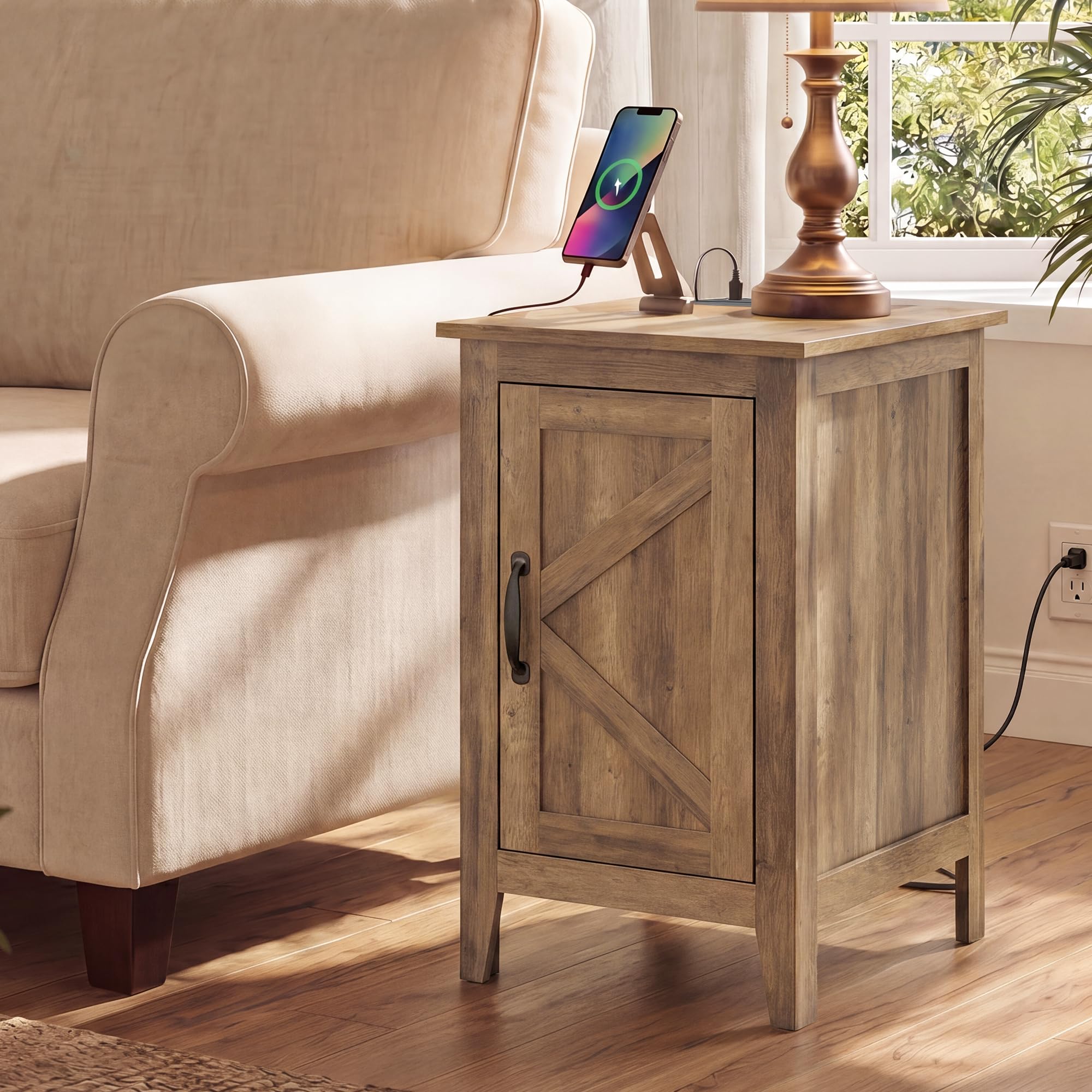 VASAGLE Side Table with Charging Station and Storage Cabinet, Nightstand