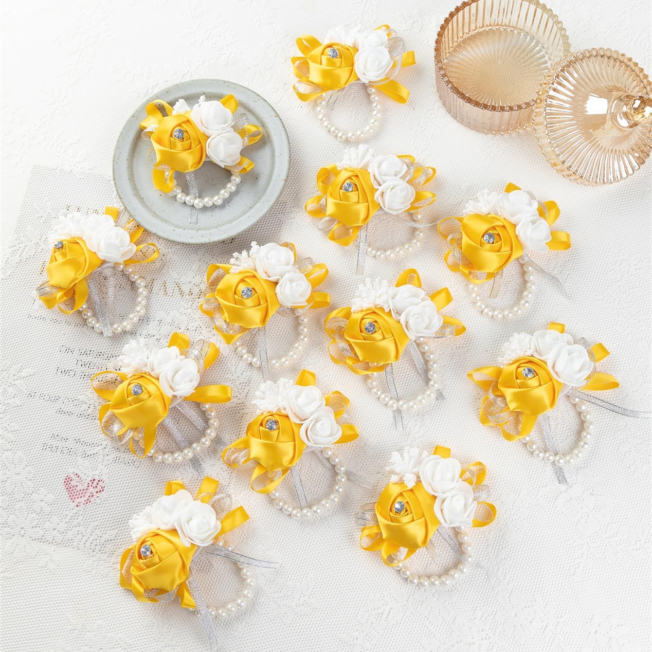 12Pcs/lot Women Bride Bridal Bridesmaid Wrist Corsage Silk Rose Pearls Girls Wedding Hand Flowers Party Decoration (Light Gold)