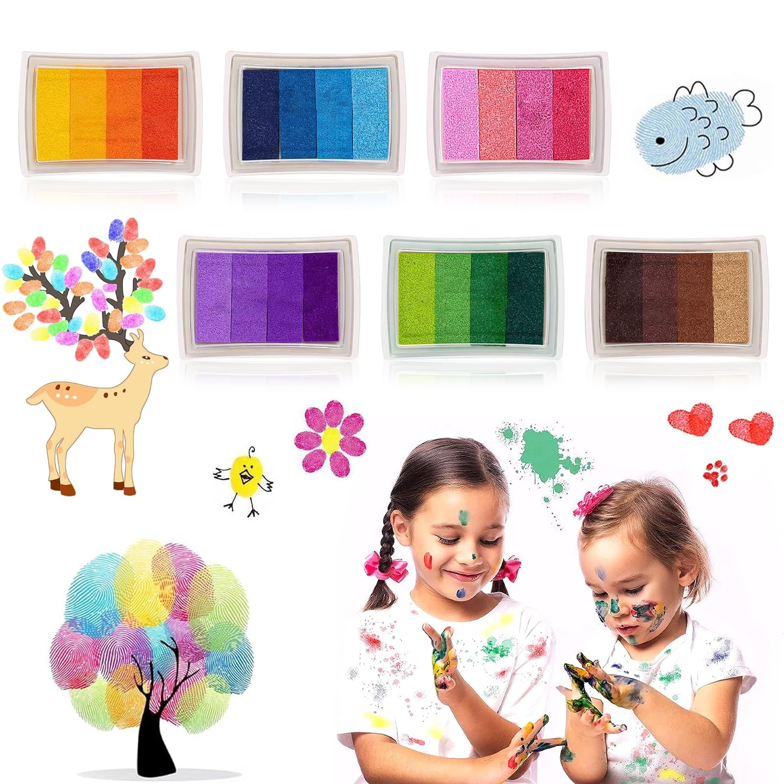 Children's Non-Toxic Washable Ink Pad, Colourful Fingerprint Set, Finger Stamp for DIY Canvas, Wedding, Paper Crafts, Silicone Stamp (Pack of 6)