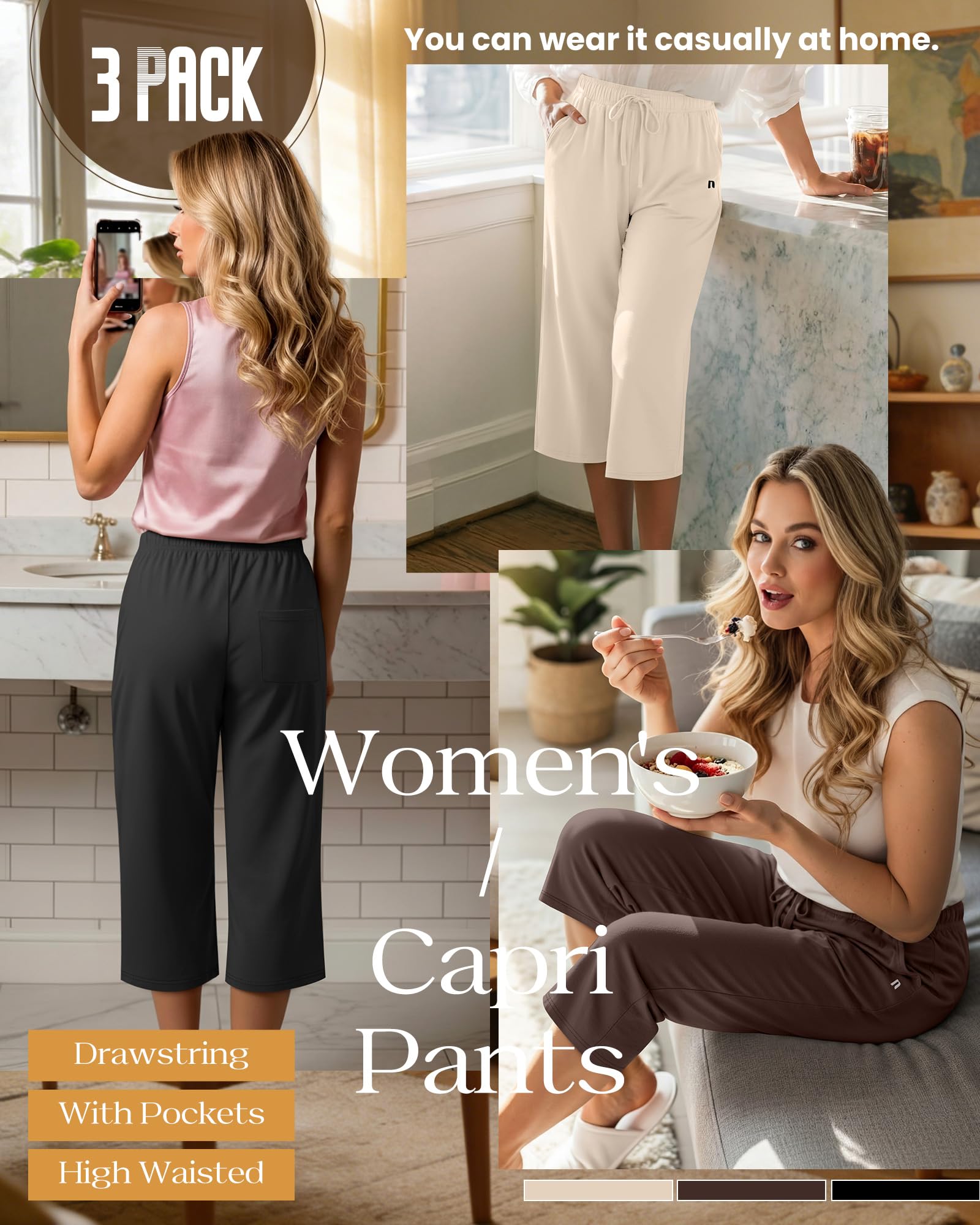 Neer Lot de 3 Pantalons Capri Larges et Simples pour Femme - Coupe Ample - avec Cordon de Serrage et Poches