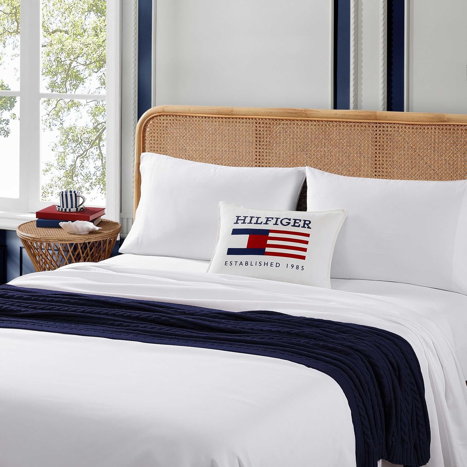 Tommy Hilfiger - Decorative Throw Pillow for Bed or Couch, 15x20 Cotton Canvas Accent Pillow with Zipper Closure, Graphic Logo Design, Classic Americana Decor (Blue)
